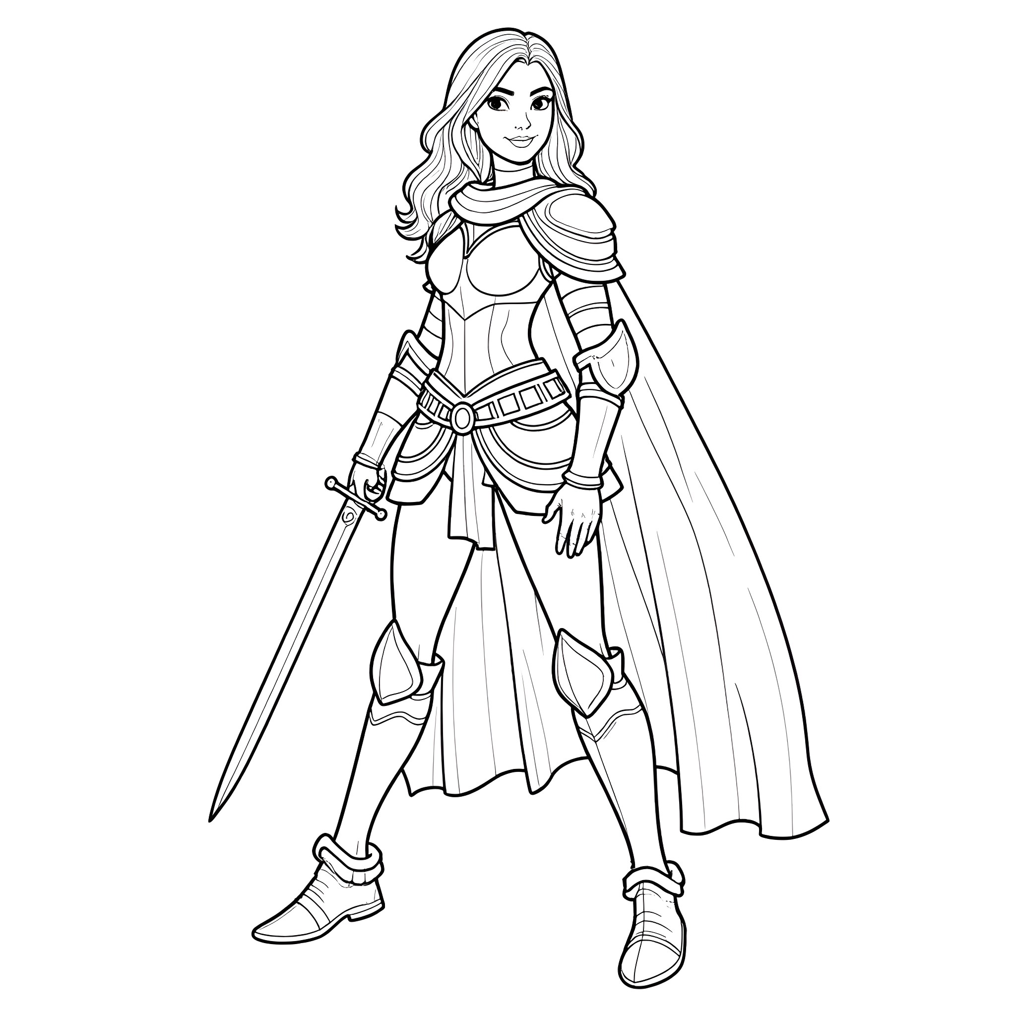 Warrior Woman Wielding Sword in Armor Coloring Page (free black-and-white line drawing printable PDF for all, from beginners to advanced learners, including children, teens, adults, and seniors)