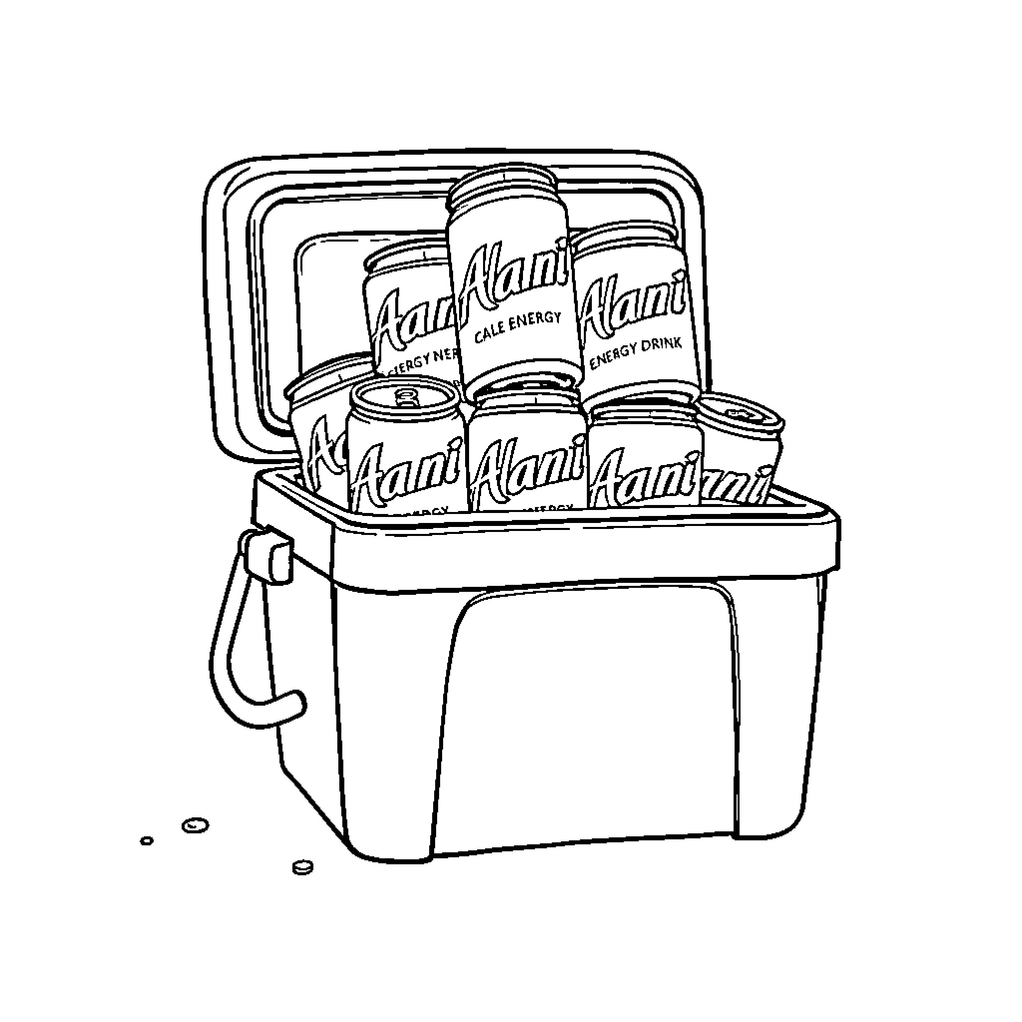 Energy Drink Cooler with Cans Coloring Page (free black-and-white line drawing printable PDF for all, from beginners to advanced learners, including children, teens, adults, and seniors)