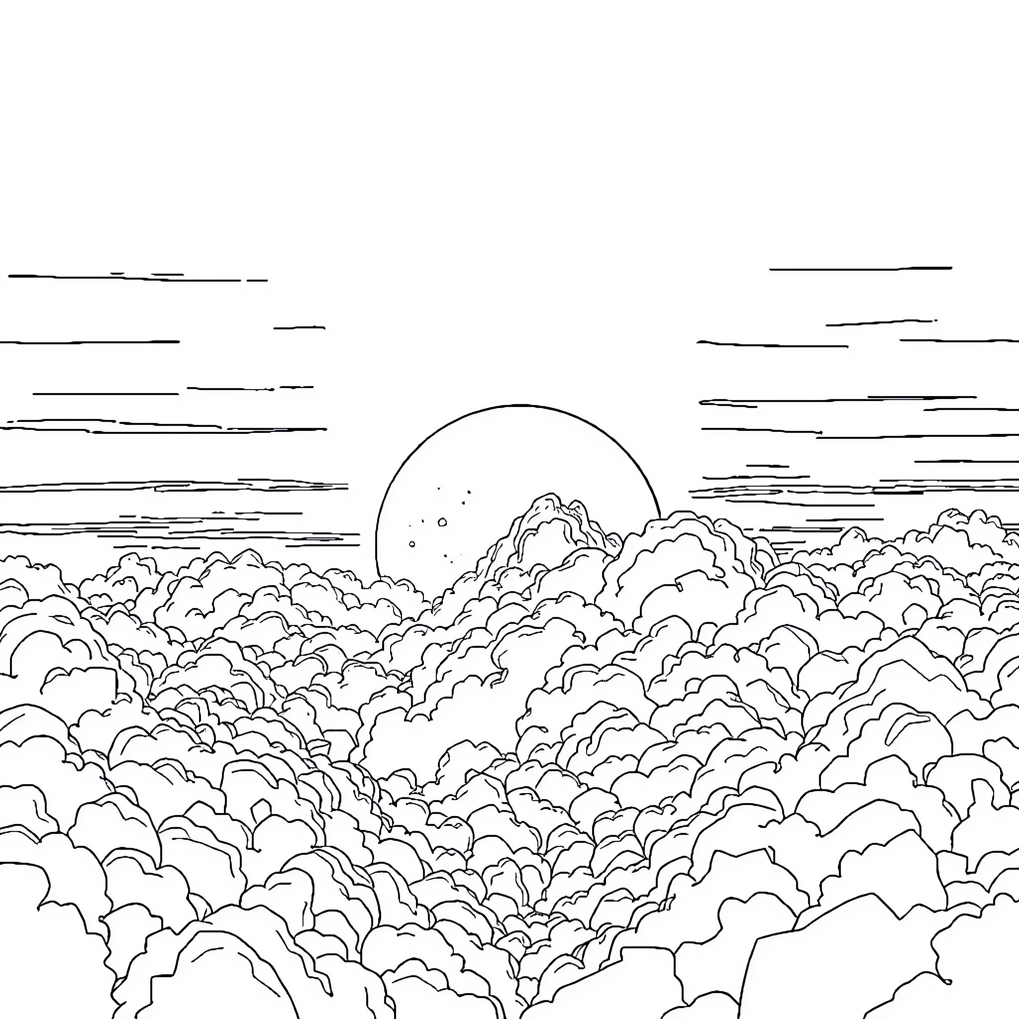 Dawn amid the Cloudy Landscape Coloring Page (free black-and-white line drawing printable PDF for all, from beginners to advanced learners, including children, teens, adults, and seniors)