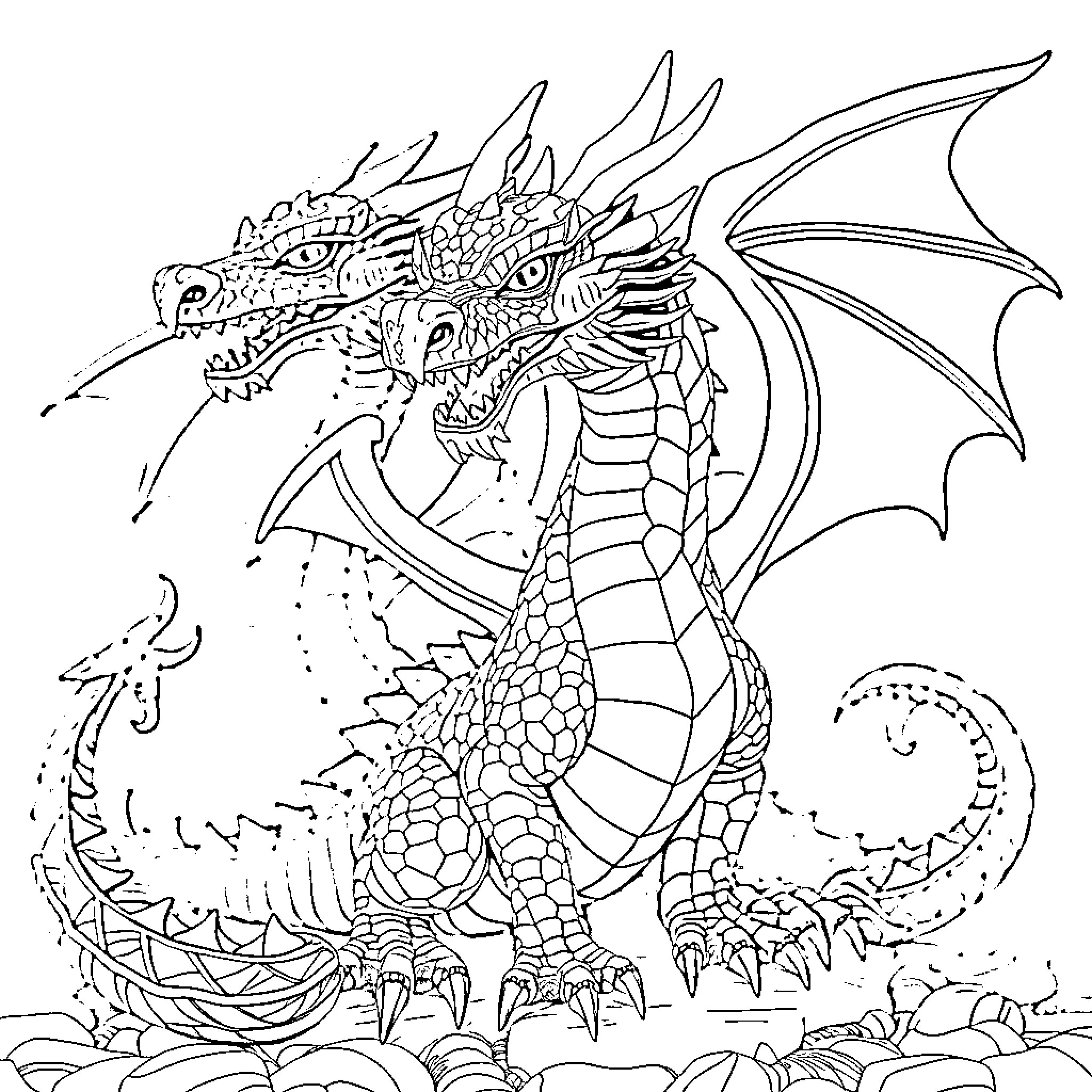Dragon Unleashing Fiery Breath Amidst Mythical Surroundings Coloring Page (free black-and-white line drawing printable PDF for all, from beginners to advanced learners, including children, teens, adults, and seniors)