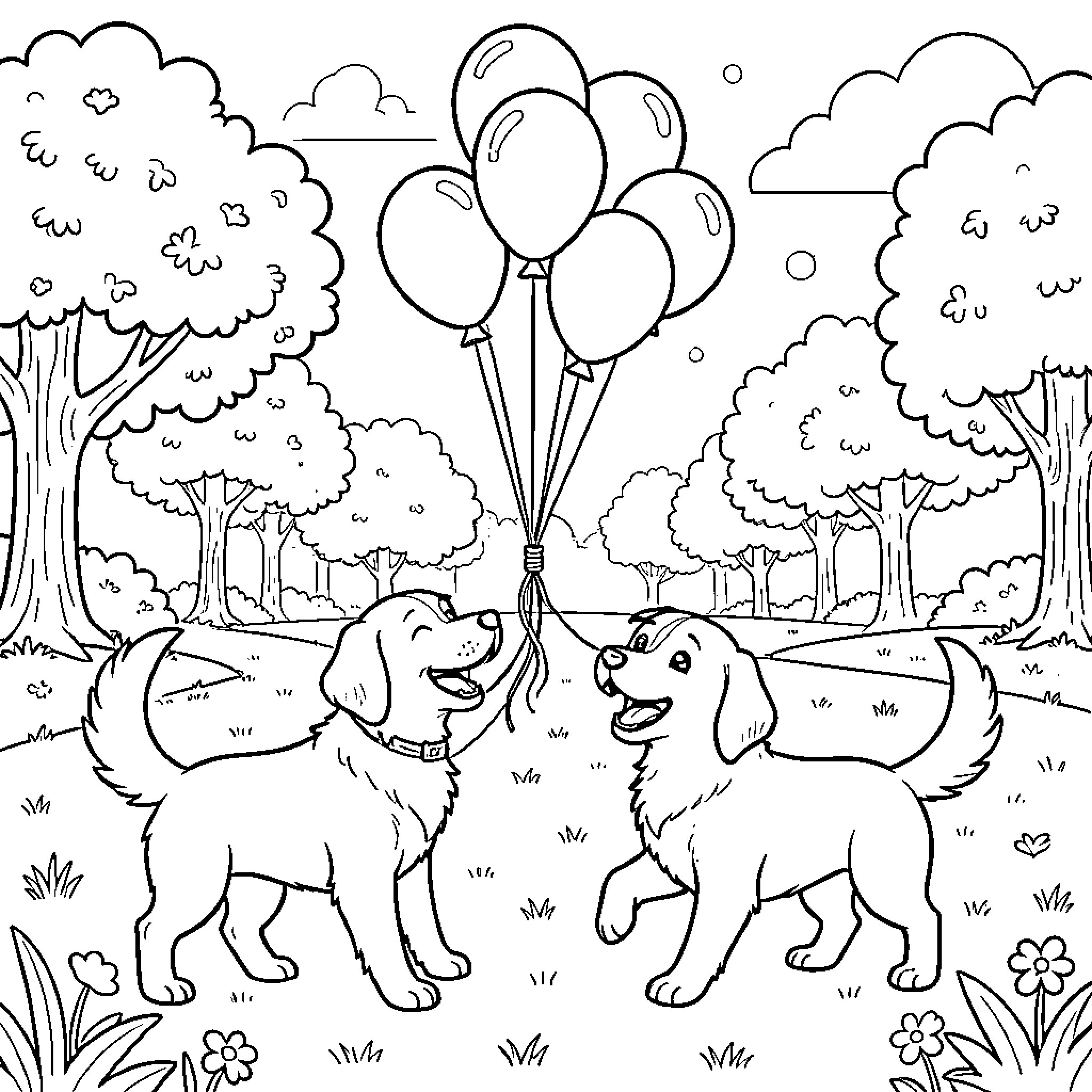 Dog playing with a bunch of balloons in a park Coloring Page (free black-and-white line drawing printable PDF for all, from beginners to advanced learners, including children, teens, adults, and seniors)