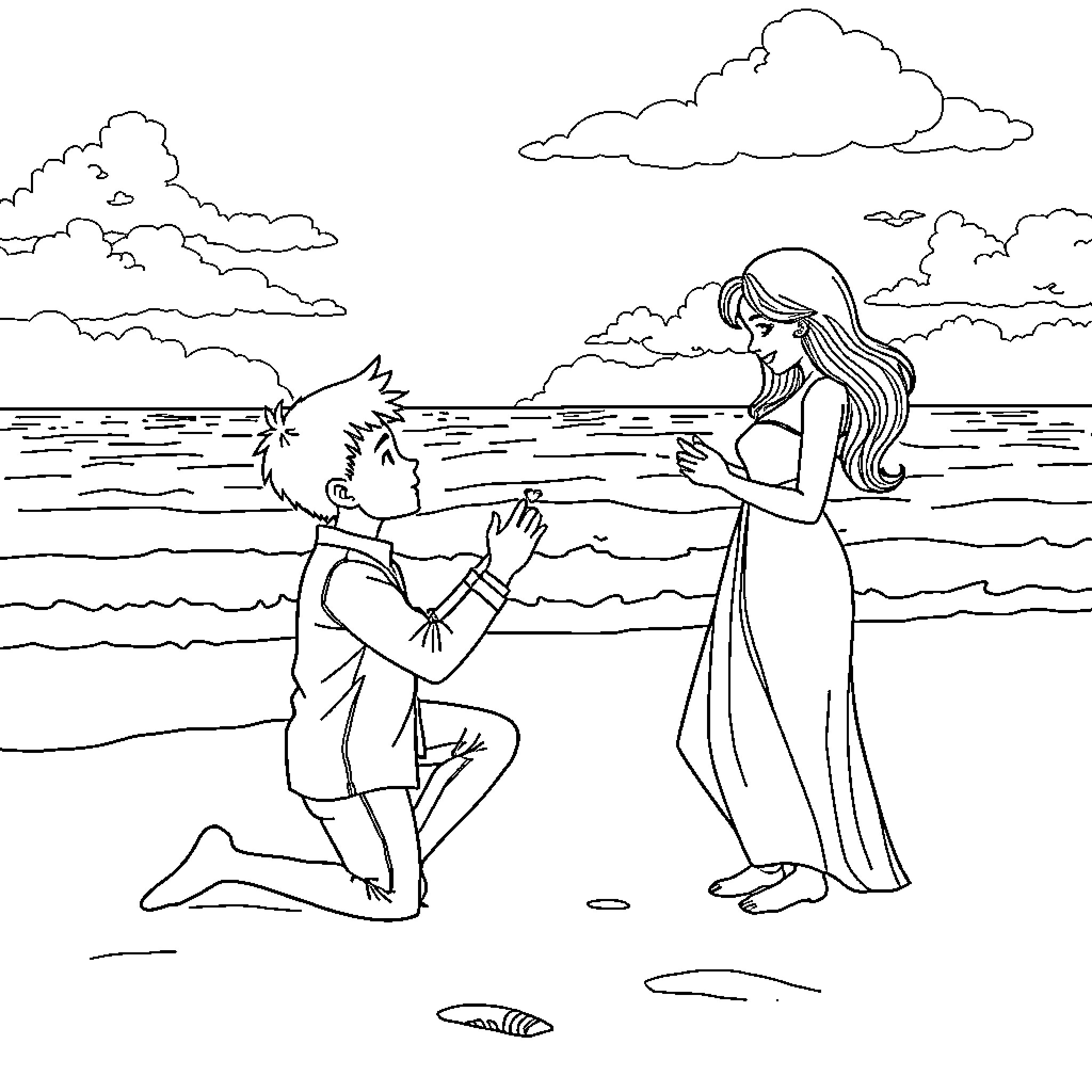 Boy proposing to a woman on the beach Coloring Page (free black-and-white line drawing printable PDF for all, from beginners to advanced learners, including children, teens, adults, and seniors)