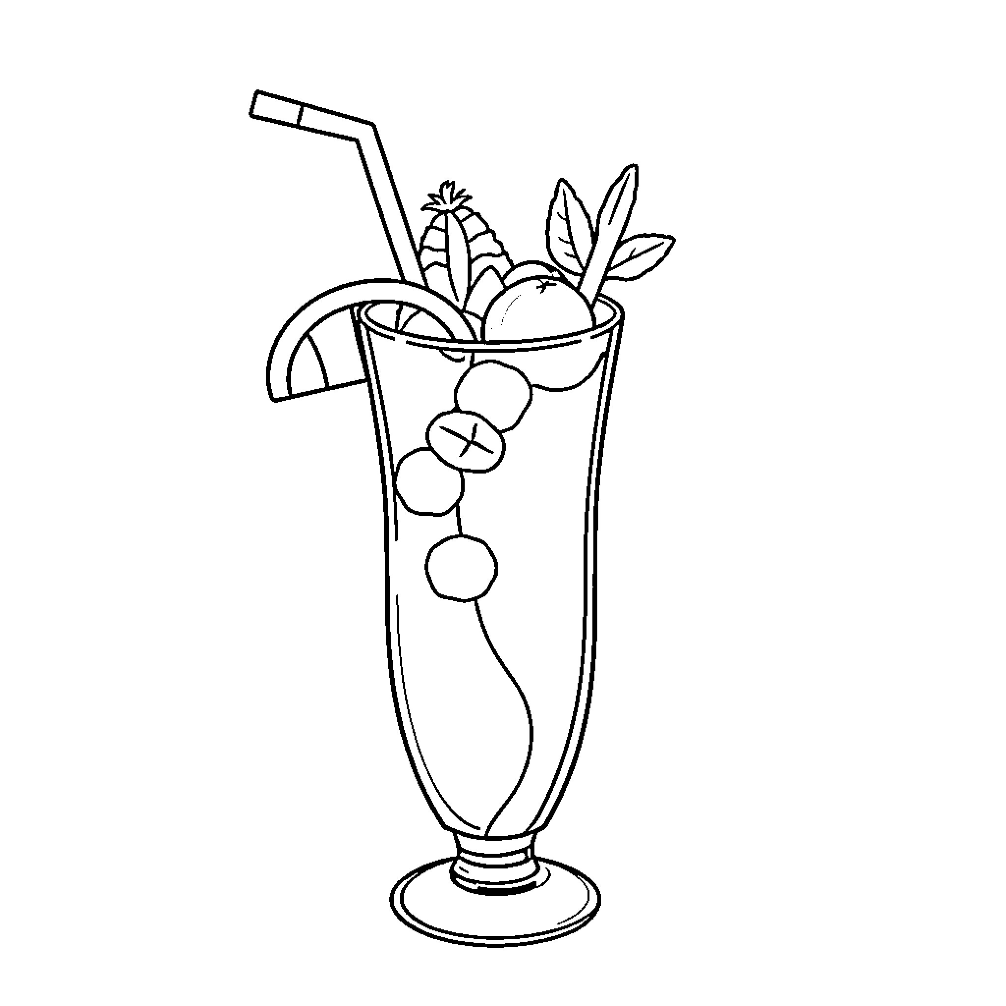 Cocktail with fruit and leaves in a glass Coloring Page (free black-and-white line drawing printable PDF for all, from beginners to advanced learners, including children, teens, adults, and seniors)