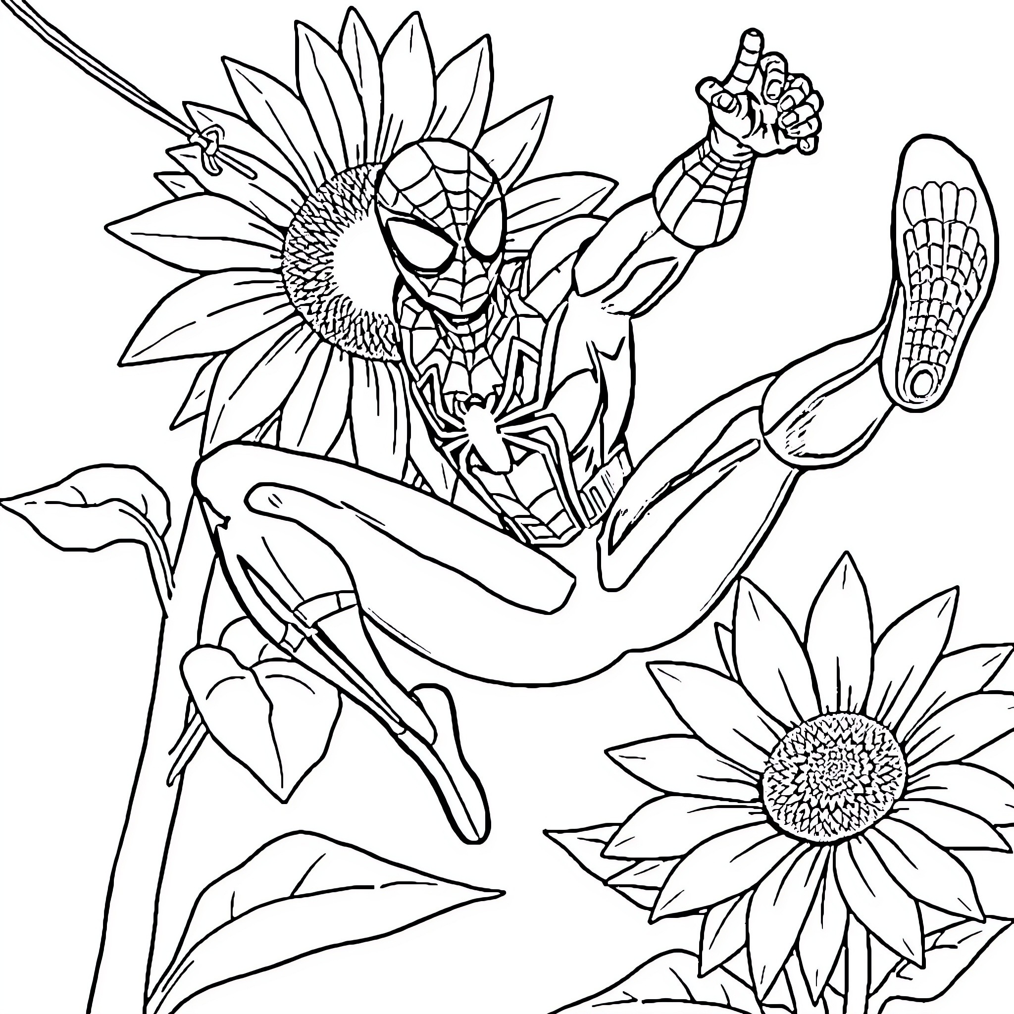 Spider-themed superhero swinging amid sunflowers Coloring Page (free black-and-white line drawing printable PDF for all, from beginners to advanced learners, including children, teens, adults, and seniors)