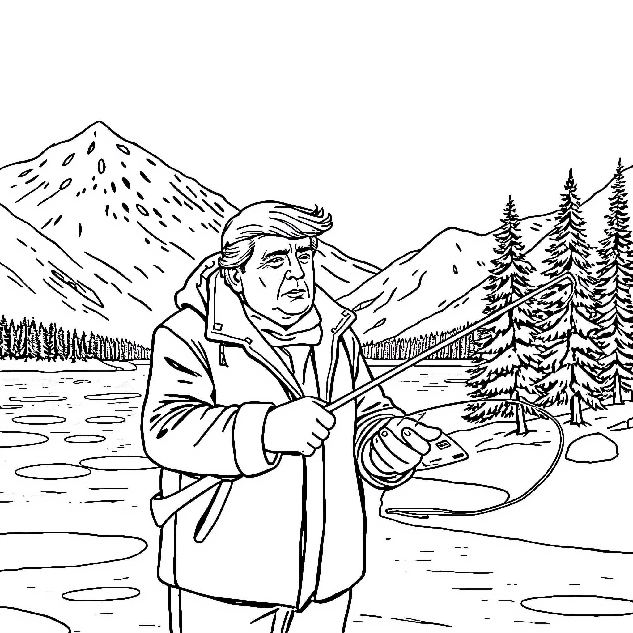 Donald Trump Enjoying Outdoor Adventure in Winter Landscape Coloring Page (free black-and-white line drawing printable PDF for all, from beginners to advanced learners, including children, teens, adults, and seniors)