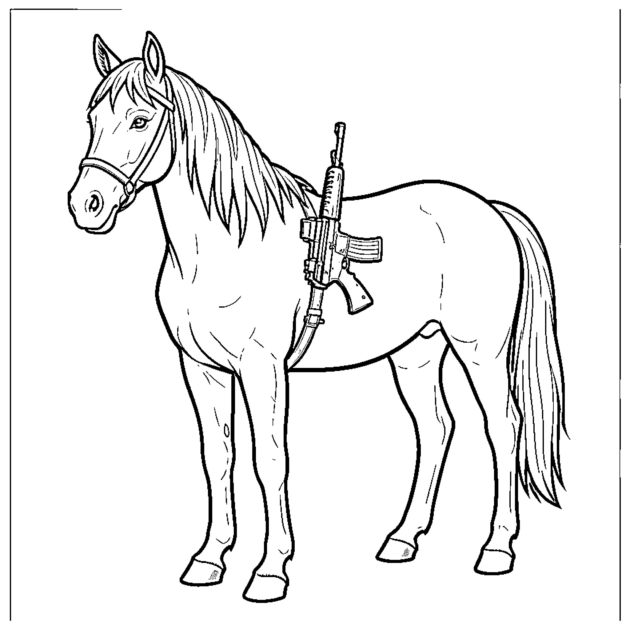 Horse standing still with a rifle strapped to its side Coloring Page (free black-and-white line drawing printable PDF for all, from beginners to advanced learners, including children, teens, adults, and seniors)
