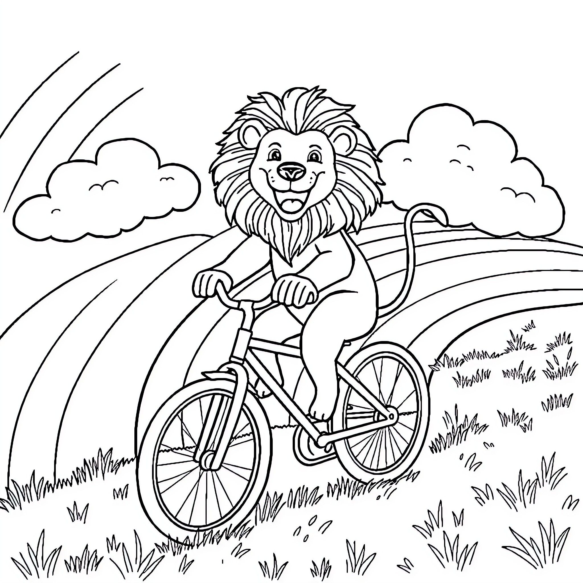 Lion riding a bicycle in a natural setting Coloring Page (free black-and-white line drawing printable PDF for all, from beginners to advanced learners, including children, teens, adults, and seniors)
