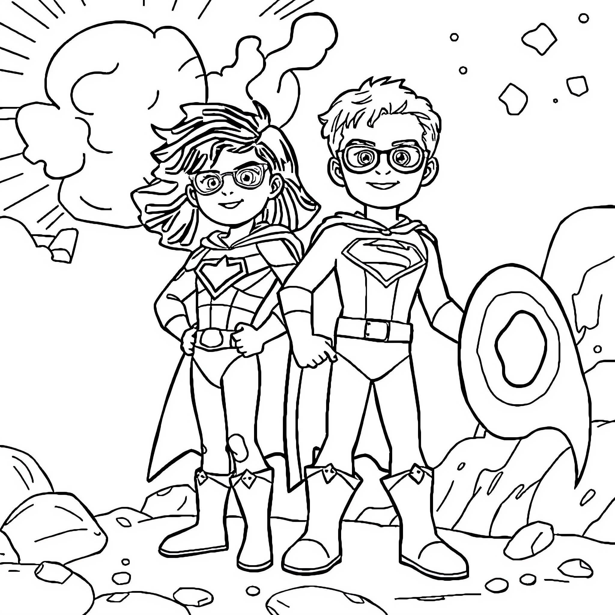 Superhero duo in action pose Coloring Page (free black-and-white line drawing printable PDF for all, from beginners to advanced learners, including children, teens, adults, and seniors)