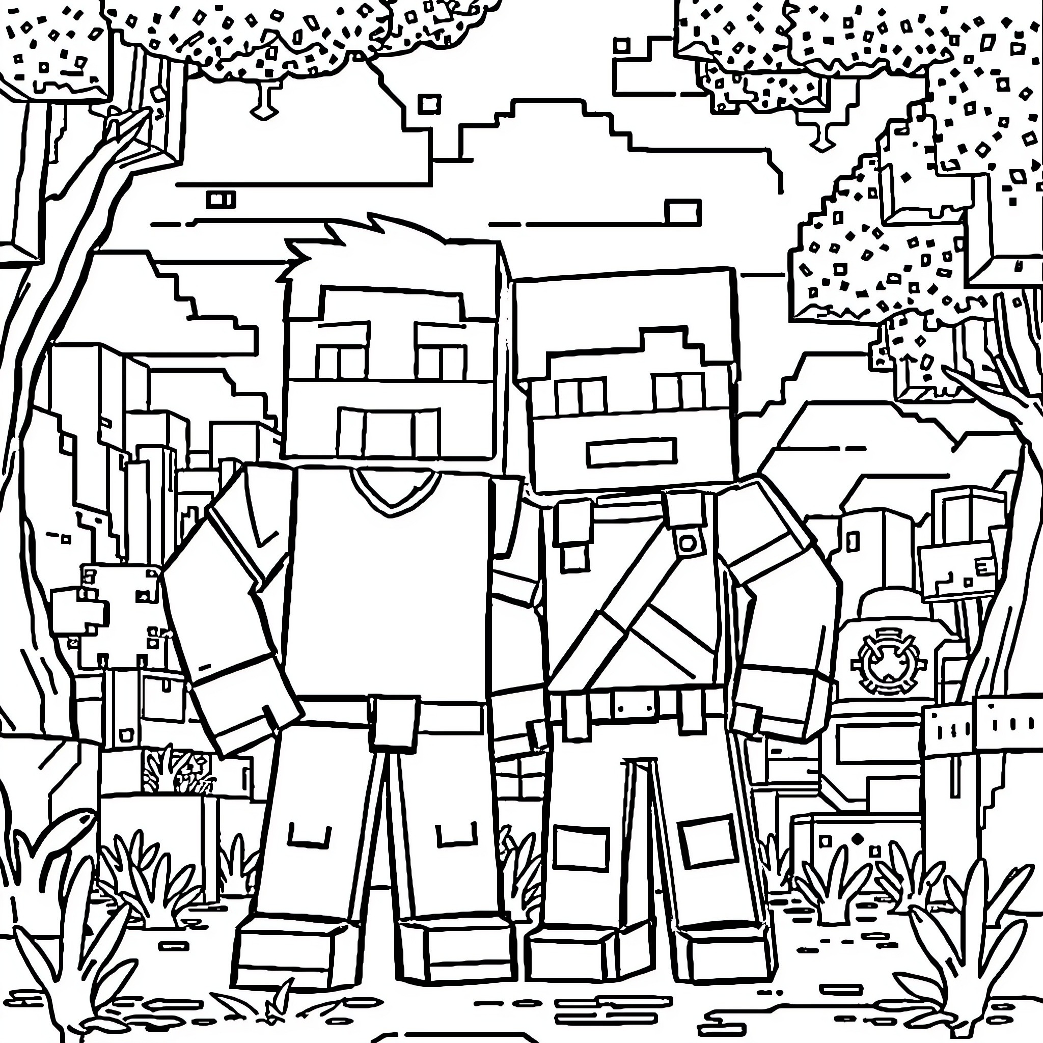 Steve and Alex adventuring through the wilderness Coloring Page (free black-and-white line drawing printable PDF for all, from beginners to advanced learners, including children, teens, adults, and seniors)