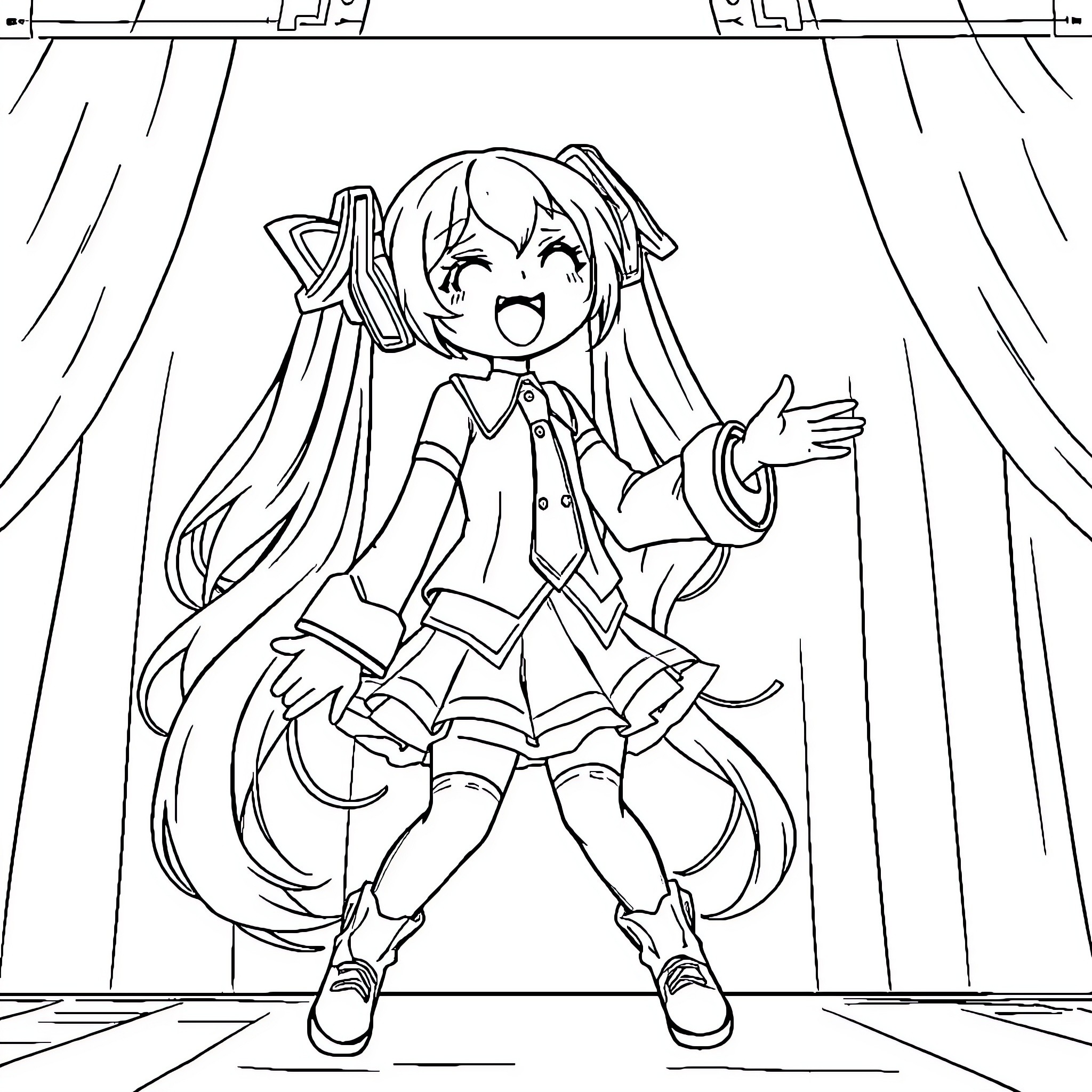 Miku Performing on Stage with Joy Coloring Page (free black-and-white line drawing printable PDF for all, from beginners to advanced learners, including children, teens, adults, and seniors)
