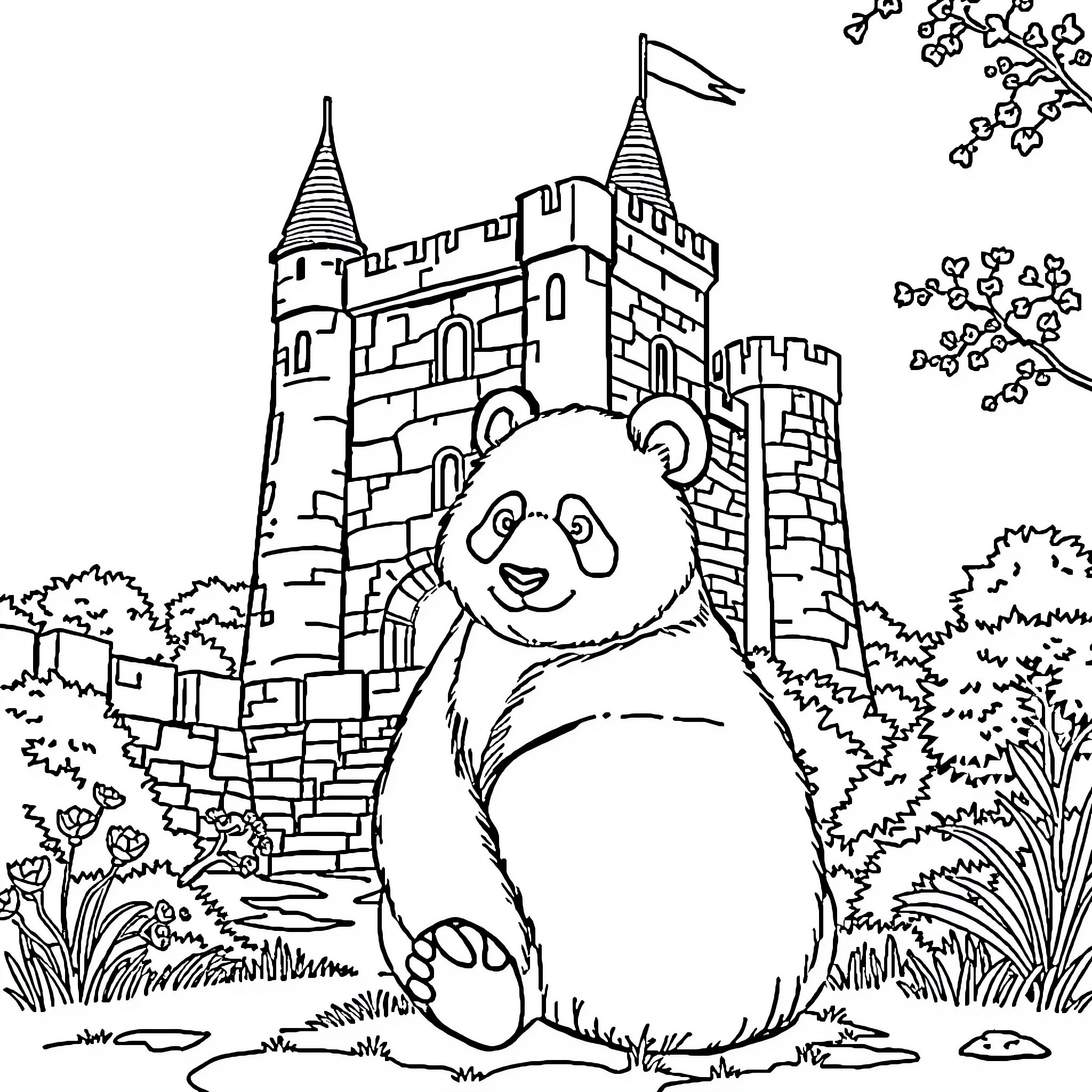 Panda exploring a majestic castle Coloring Page (free black-and-white line drawing printable PDF for all, from beginners to advanced learners, including children, teens, adults, and seniors)