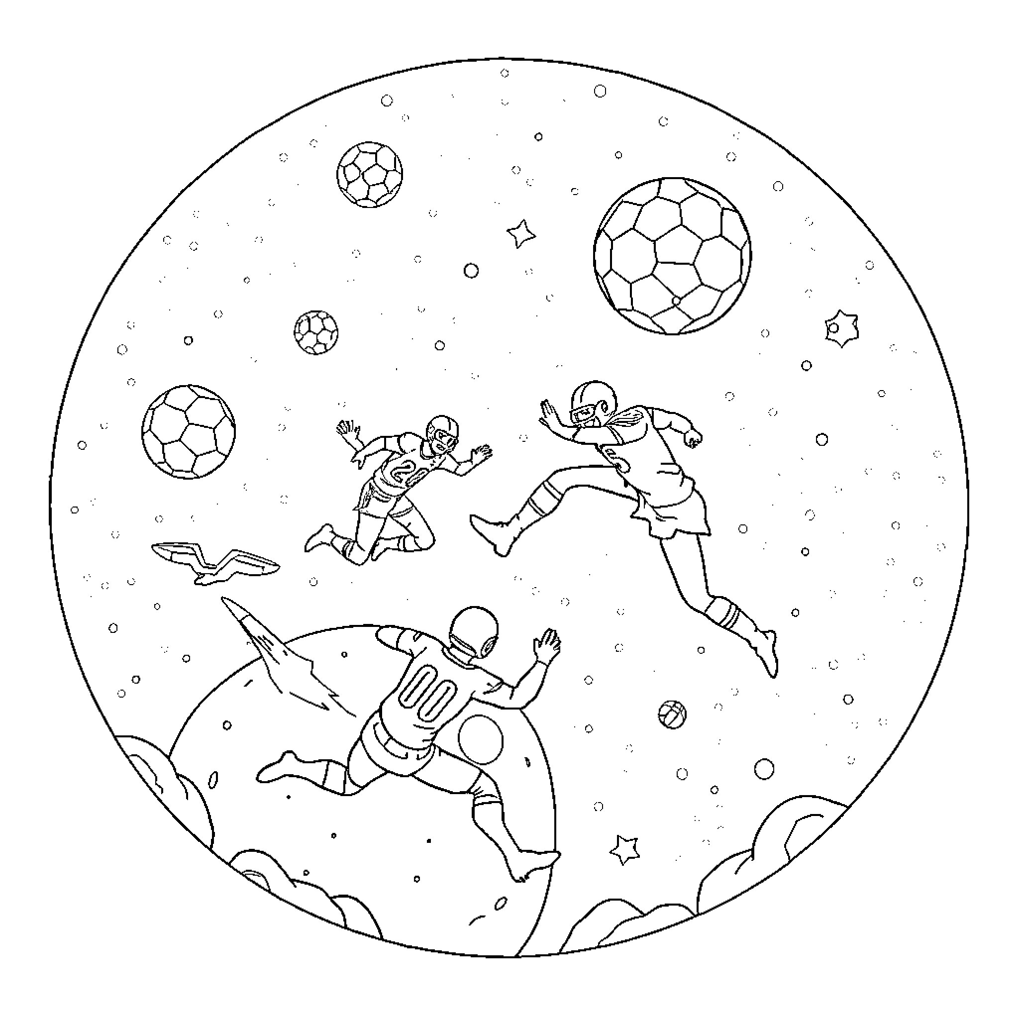 Football players competing in the cosmos Coloring Page (free black-and-white line drawing printable PDF for all, from beginners to advanced learners, including children, teens, adults, and seniors)