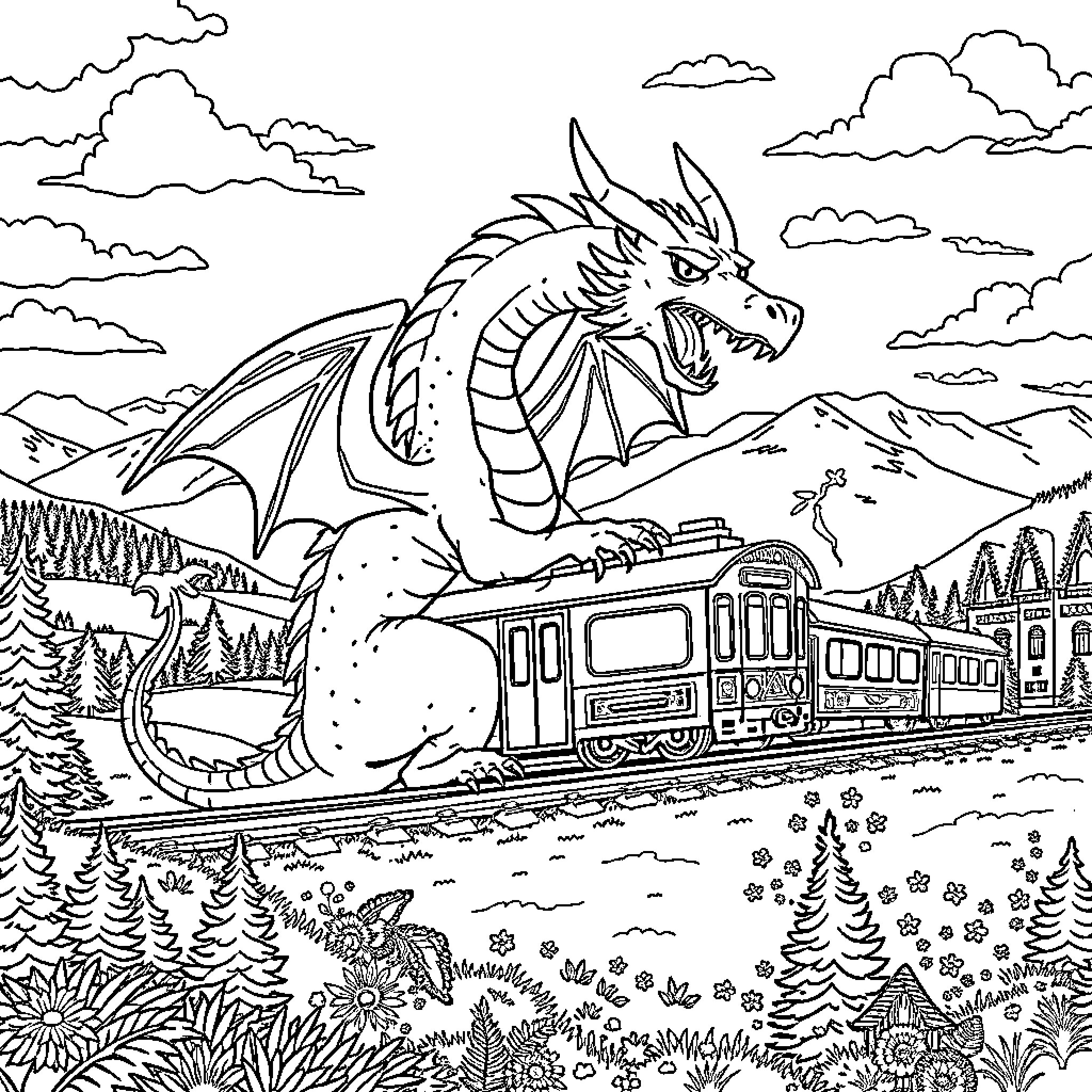 Dragon guarding the mountain railway Coloring Page (free black-and-white line drawing printable PDF for all, from beginners to advanced learners, including children, teens, adults, and seniors)