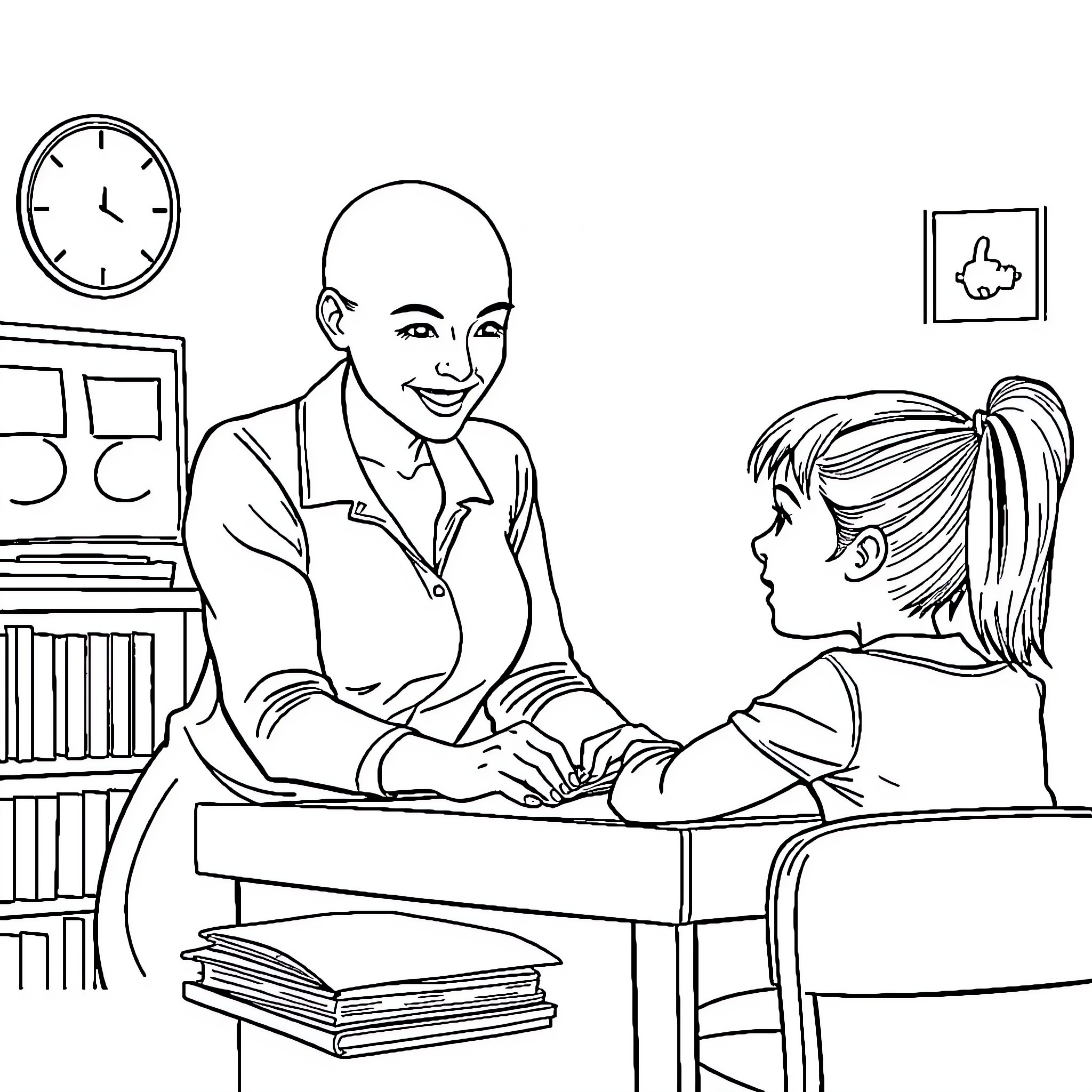 Teacher Interacting with Student in Classroom Coloring Page (free black-and-white line drawing printable PDF for all, from beginners to advanced learners, including children, teens, adults, and seniors)