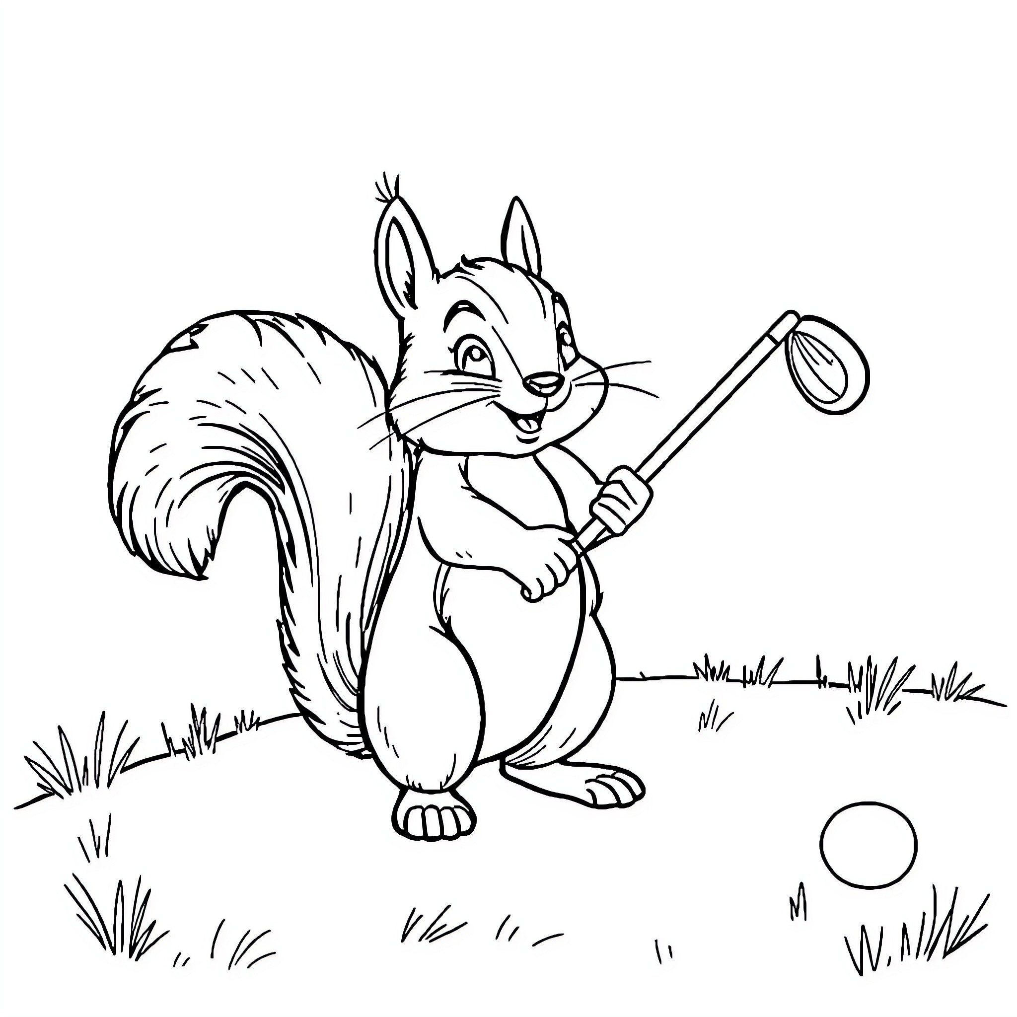 Squirrel carrying a nut and exploring the outdoors Coloring Page (free black-and-white line drawing printable PDF for all, from beginners to advanced learners, including children, teens, adults, and seniors)