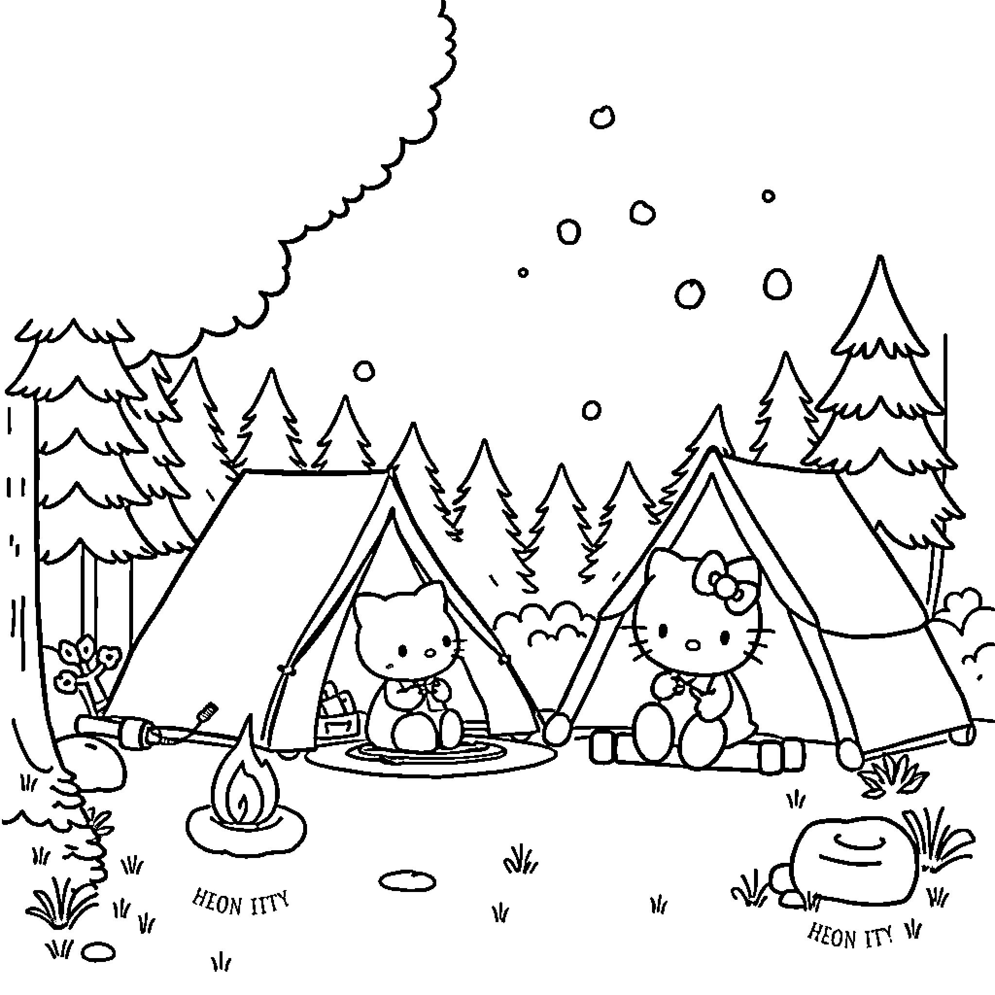 Hello Kitty camping in the forest Coloring Page (free black-and-white line drawing printable PDF for all, from beginners to advanced learners, including children, teens, adults, and seniors)