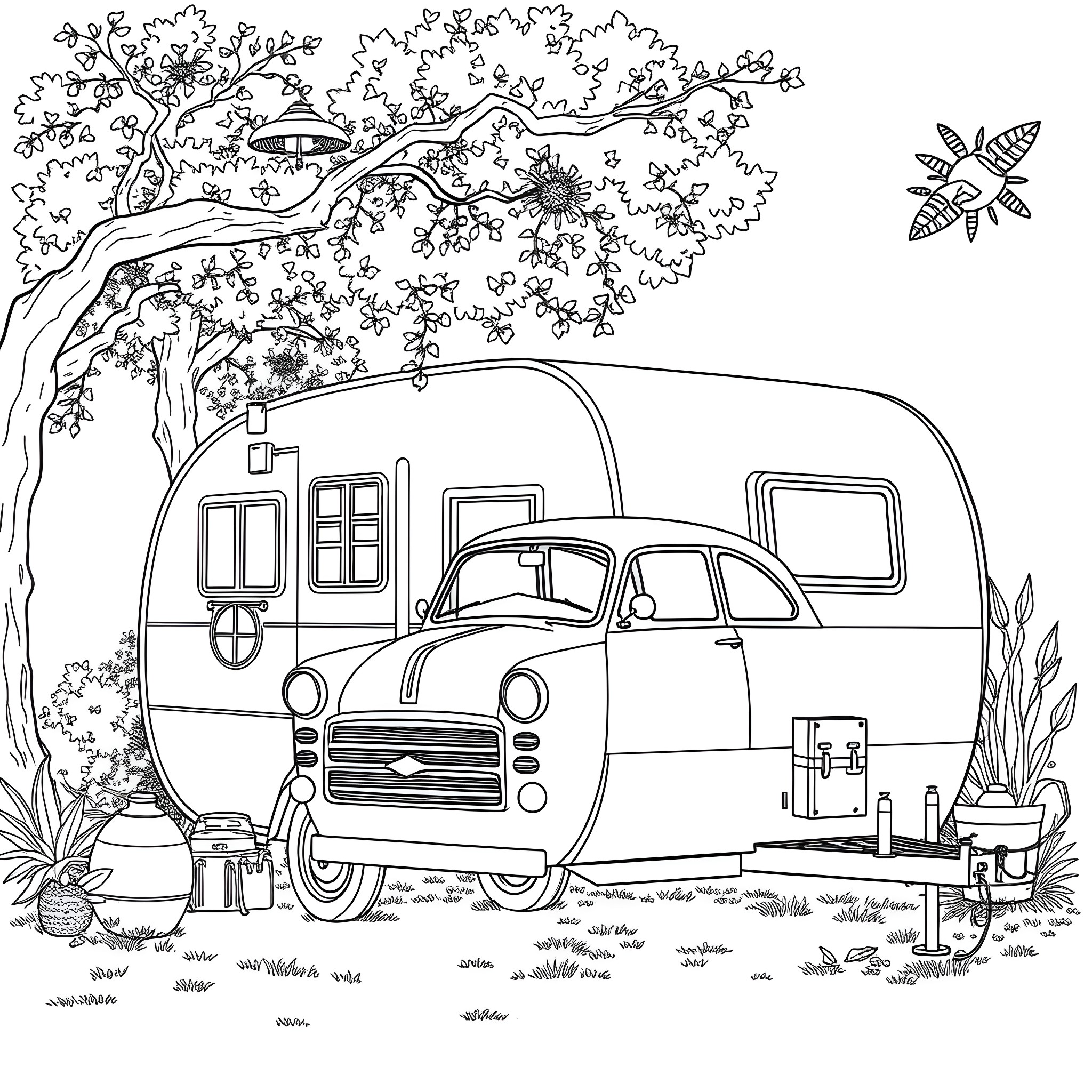 Car camping under blooming trees Coloring Page (free black-and-white line drawing printable PDF for all, from beginners to advanced learners, including children, teens, adults, and seniors)