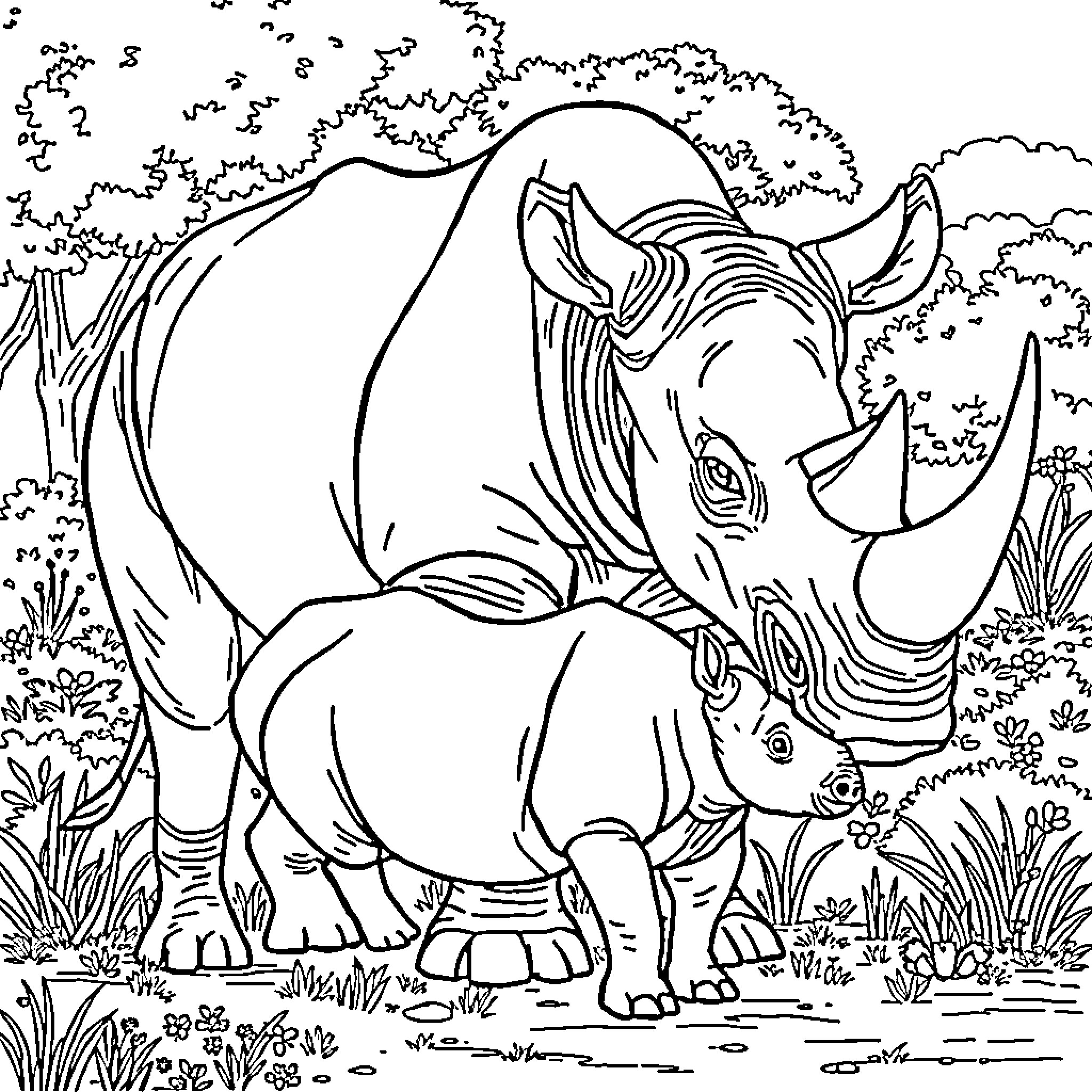 Rhino family in natural habitat Coloring Page (free black-and-white line drawing printable PDF for all, from beginners to advanced learners, including children, teens, adults, and seniors)