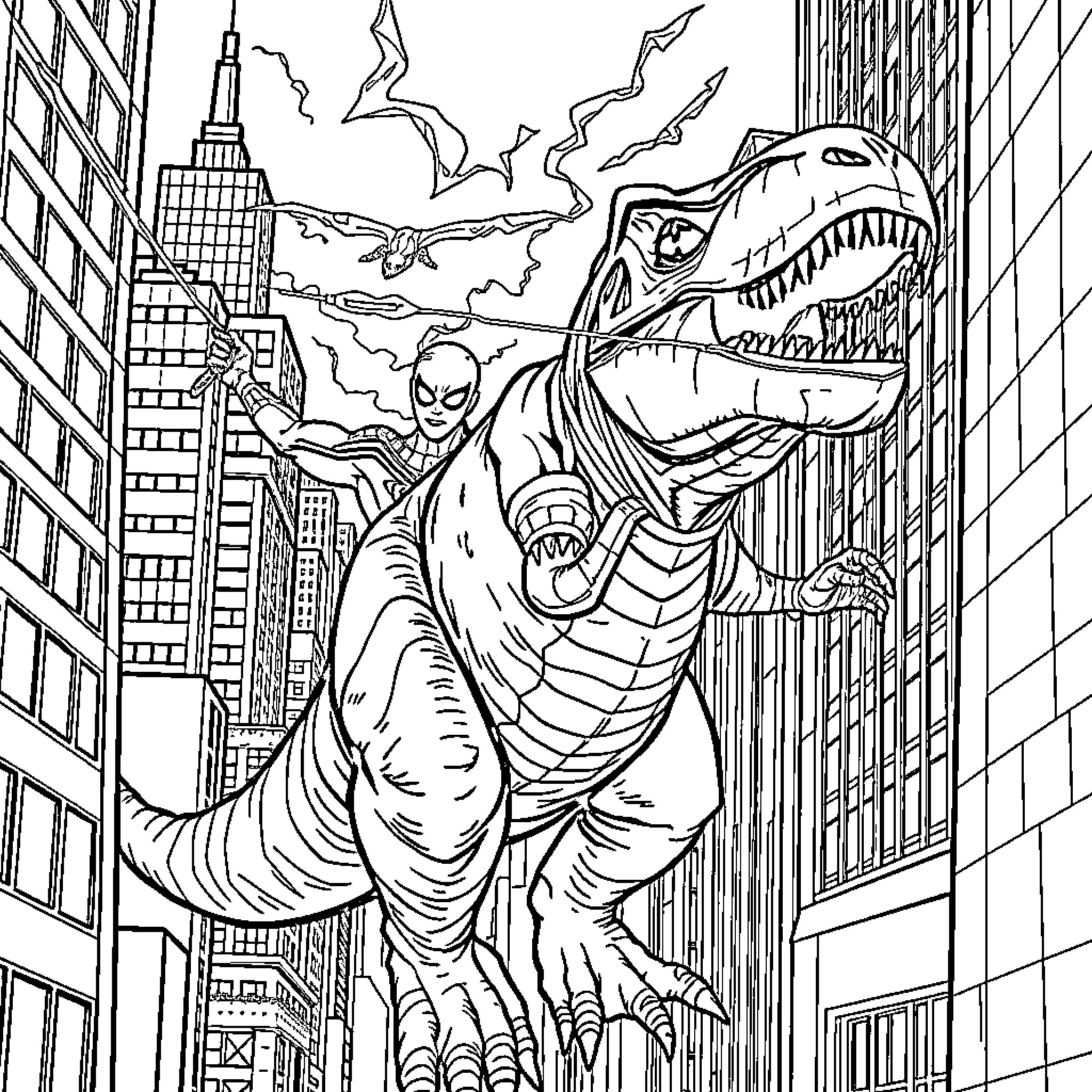 Spiderman battles giant dinosaur in city Coloring Page (free black-and-white line drawing printable PDF for all, from beginners to advanced learners, including children, teens, adults, and seniors)