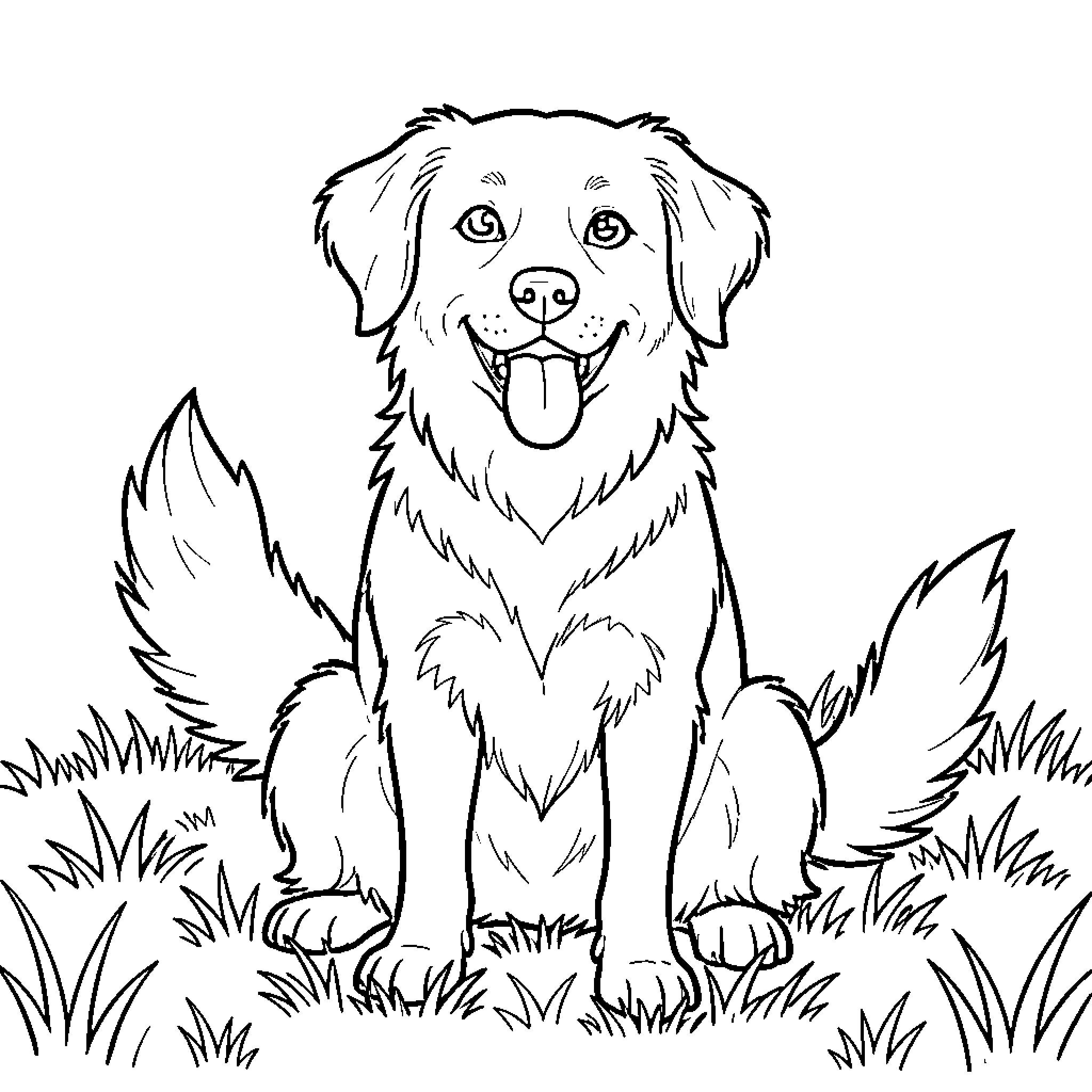Dog sitting happily in the tall grass Coloring Page (free black-and-white line drawing printable PDF for all, from beginners to advanced learners, including children, teens, adults, and seniors)