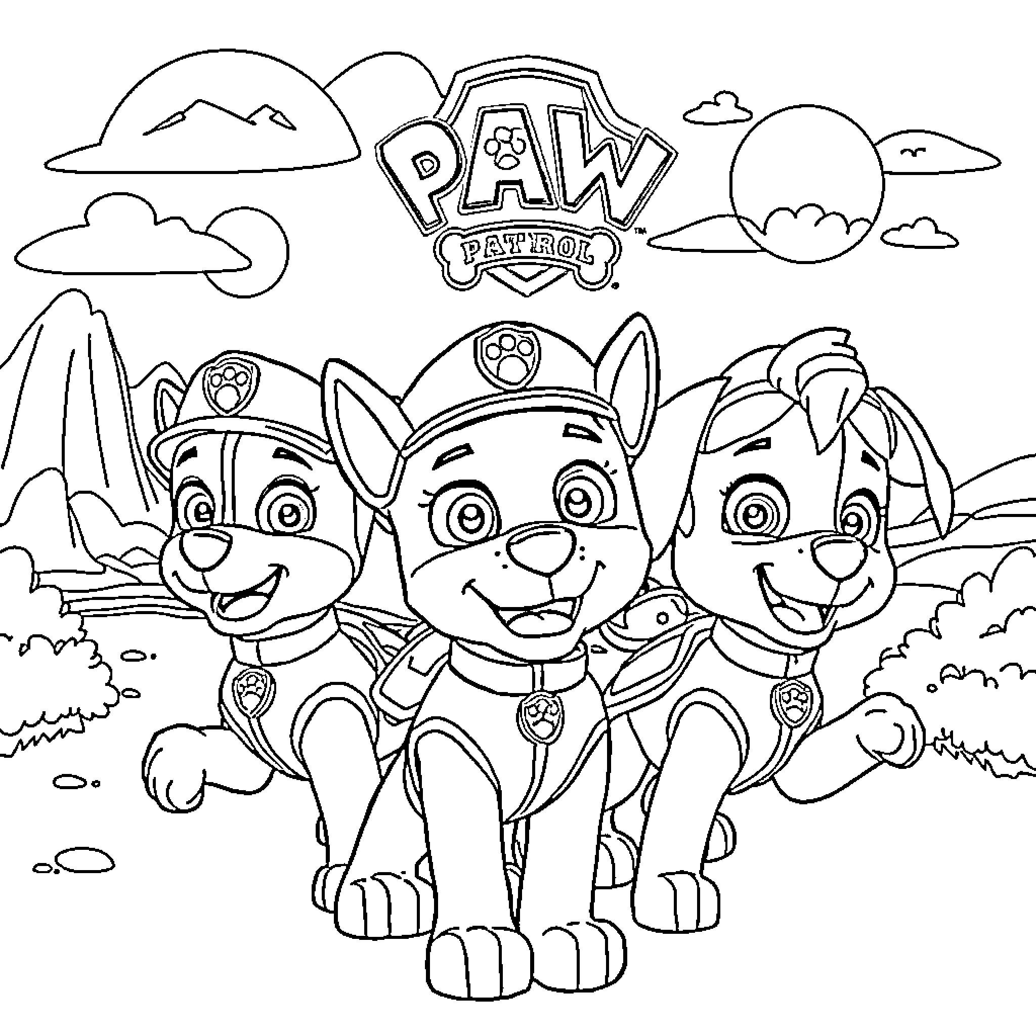 Paw Patrol Pups on an Adventure Coloring Page (free black-and-white line drawing printable PDF for all, from beginners to advanced learners, including children, teens, adults, and seniors)