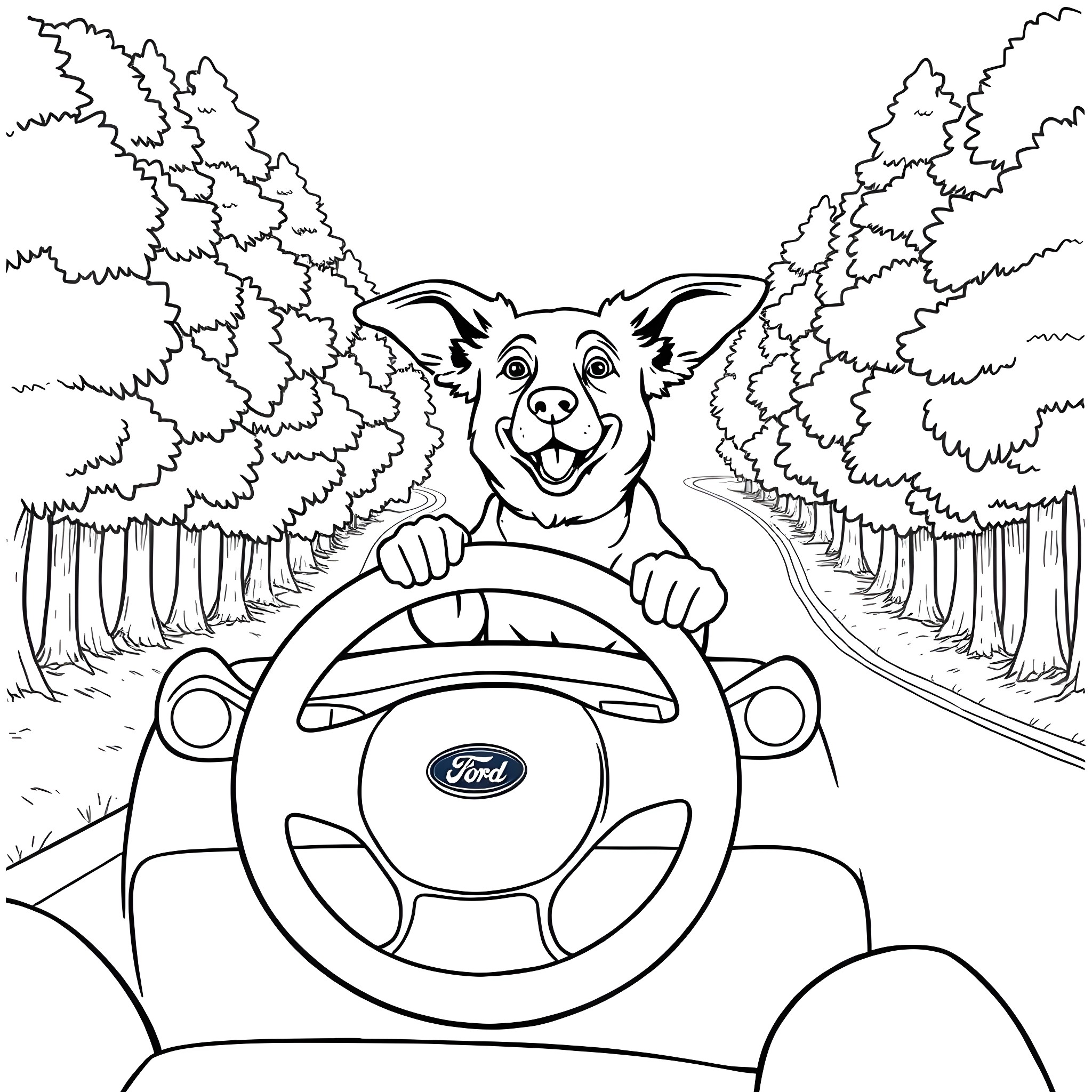 Dog driving a car through the forest Coloring Page (free black-and-white line drawing printable PDF for all, from beginners to advanced learners, including children, teens, adults, and seniors)