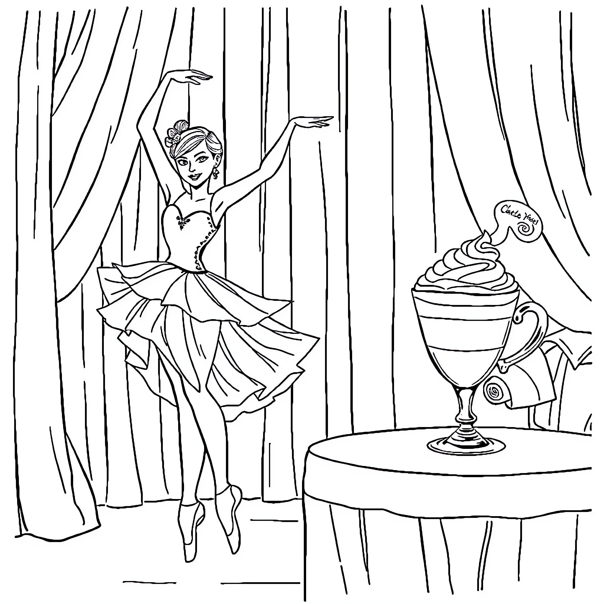 Ballerina performing graceful dance on stage Coloring Page (free black-and-white line drawing printable PDF for all, from beginners to advanced learners, including children, teens, adults, and seniors)