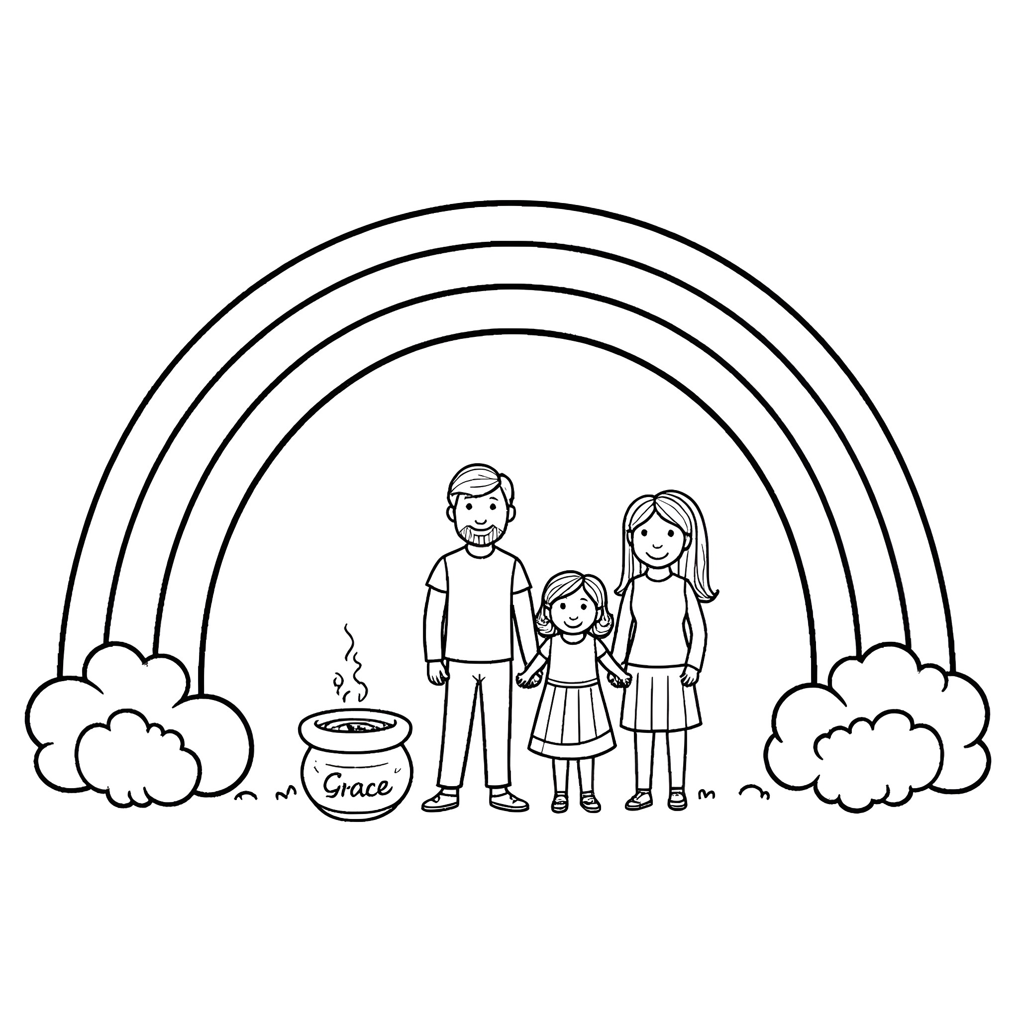 Family enjoying time together under a rainbow Coloring Page (free black-and-white line drawing printable PDF for all, from beginners to advanced learners, including children, teens, adults, and seniors)