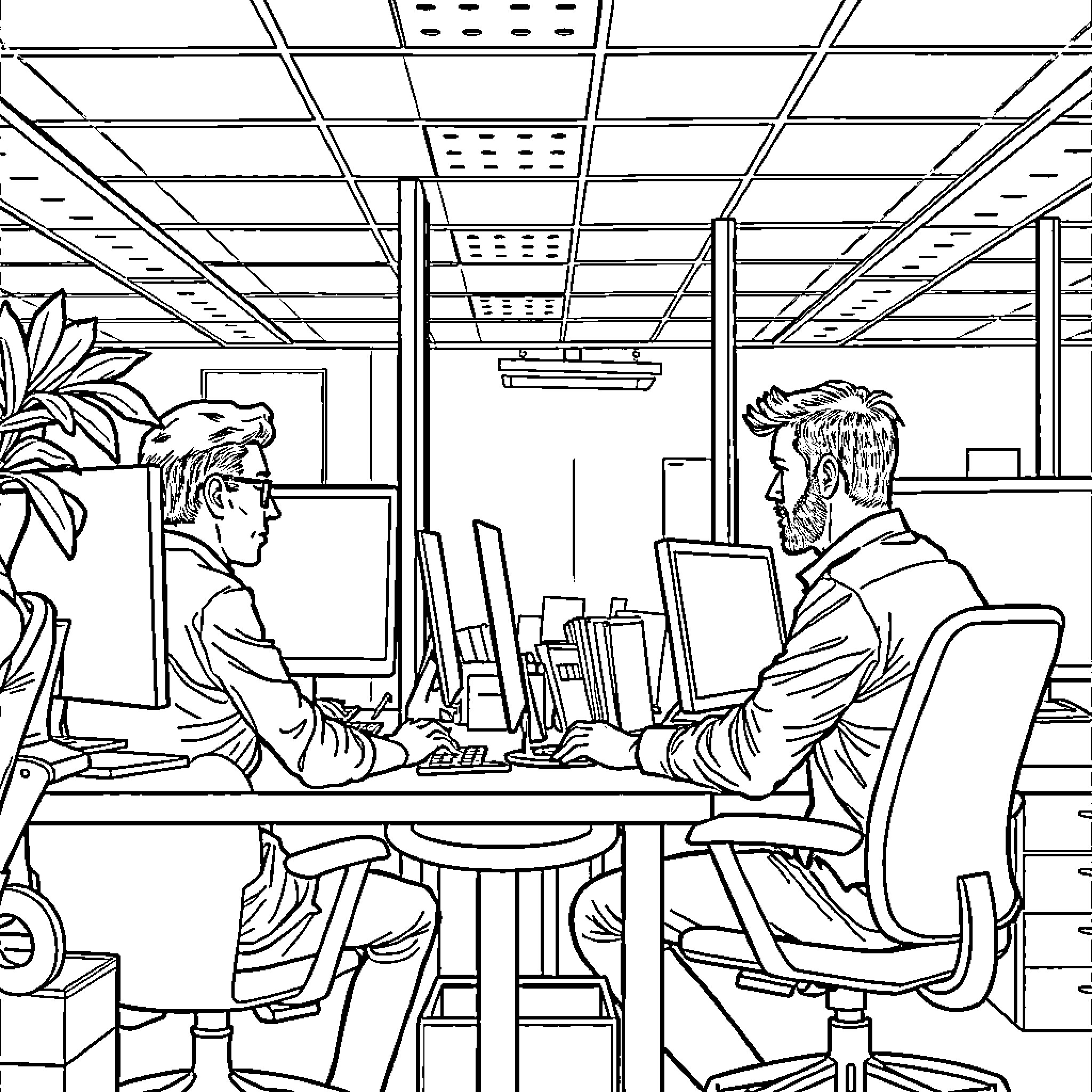 Men working diligently in an office environment Coloring Page (free black-and-white line drawing printable PDF for all, from beginners to advanced learners, including children, teens, adults, and seniors)