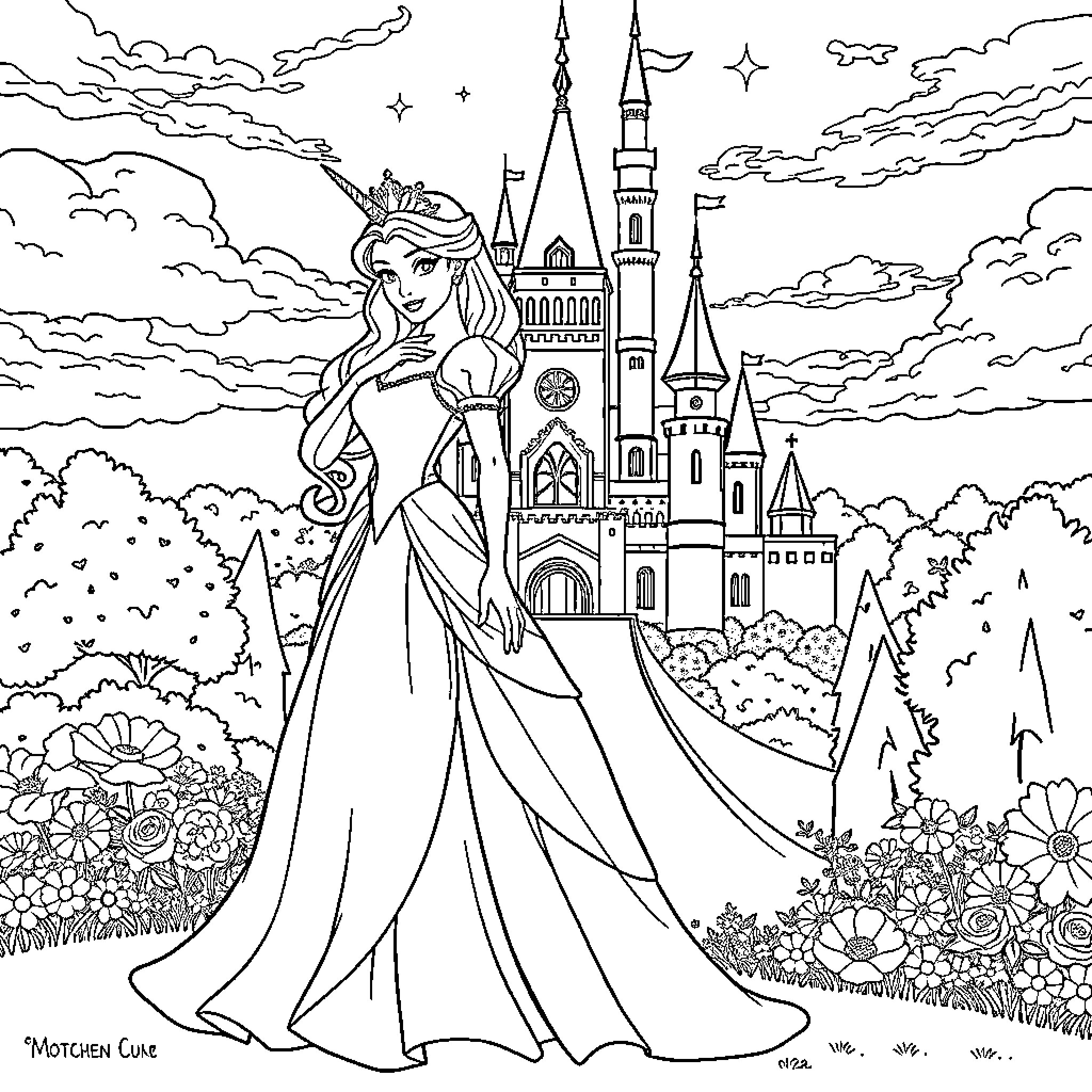 Princess in a Majestic Castle Courtyard Coloring Page (free black-and-white line drawing printable PDF for all, from beginners to advanced learners, including children, teens, adults, and seniors)