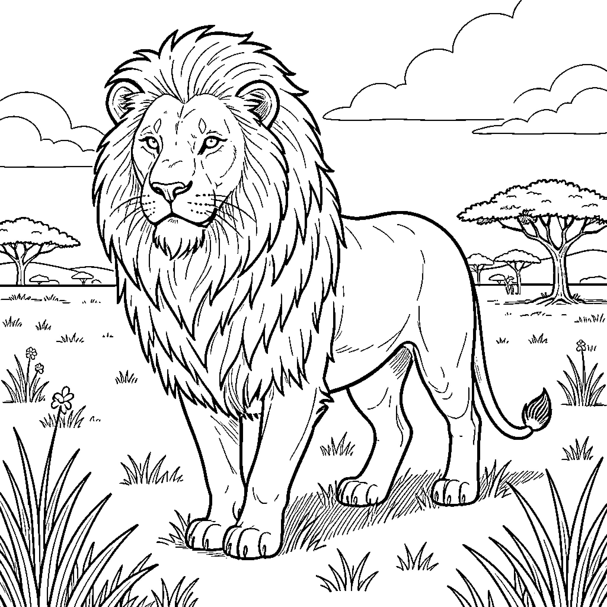 Lion standing proudly in the wild savanna Coloring Page (free black-and-white line drawing printable PDF for all, from beginners to advanced learners, including children, teens, adults, and seniors)