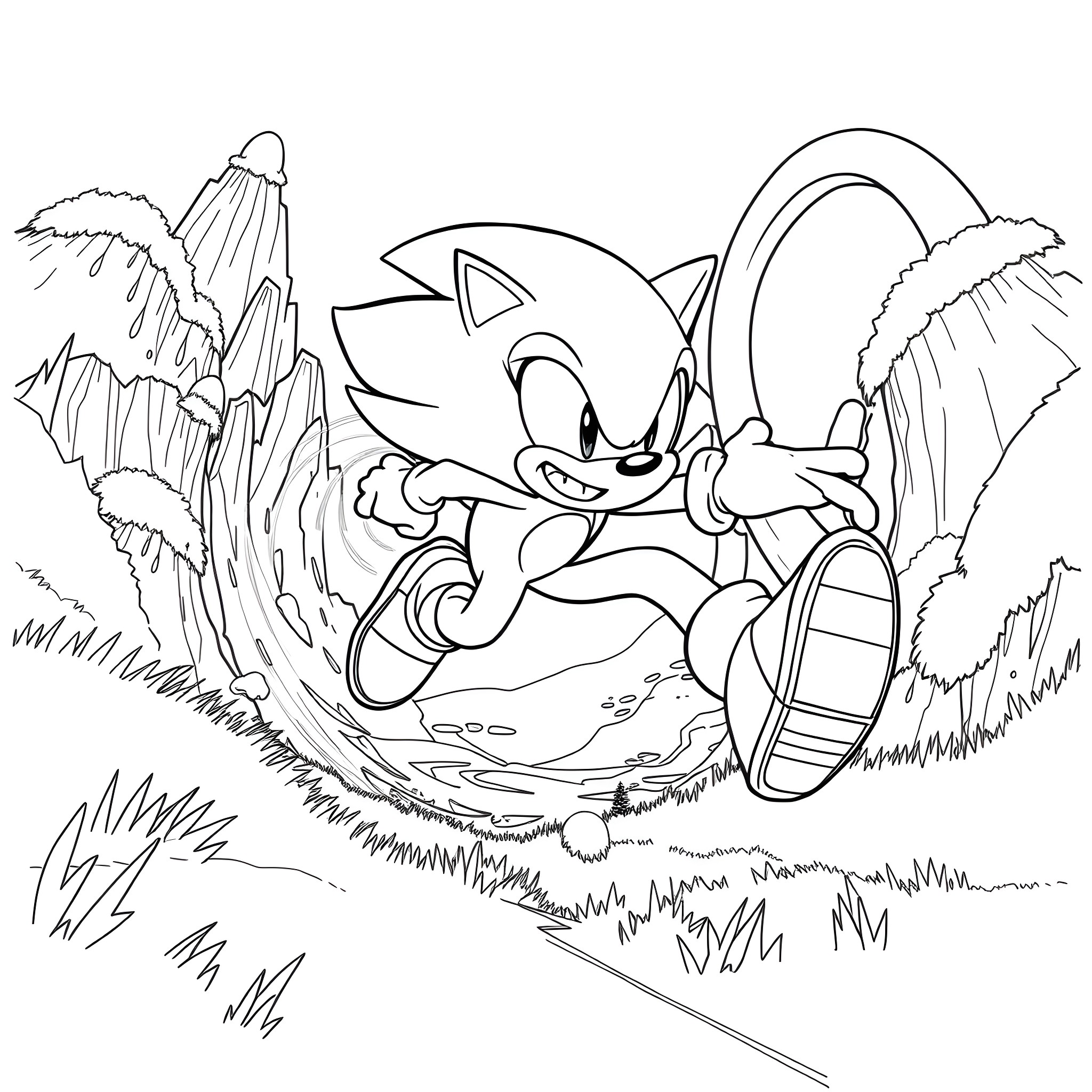 Sonic Running Through the Scenic Landscape Coloring Page (free black-and-white line drawing printable PDF for all, from beginners to advanced learners, including children, teens, adults, and seniors)