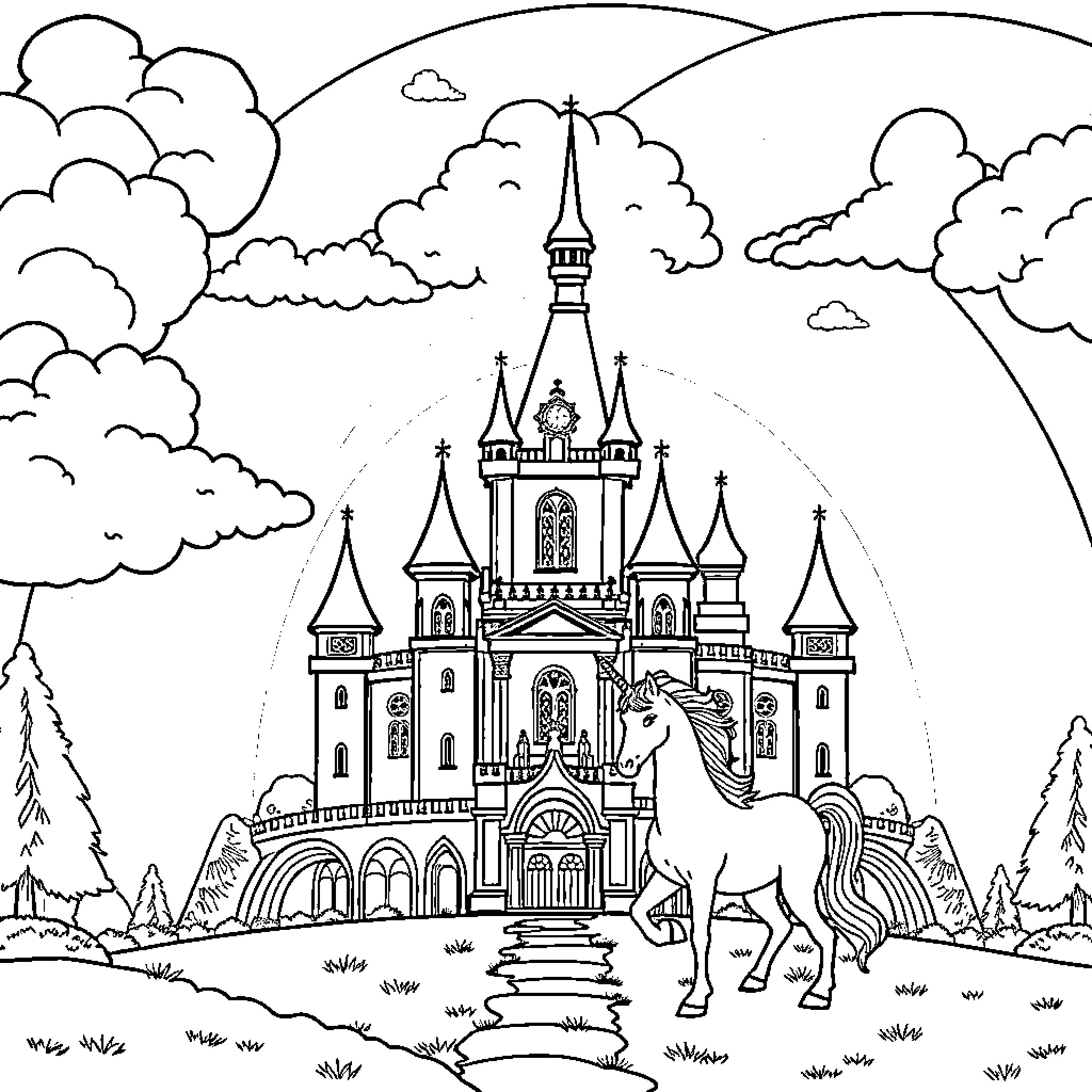 Palace of the Magnificent Unicorn Coloring Page (free black-and-white line drawing printable PDF for all, from beginners to advanced learners, including children, teens, adults, and seniors)