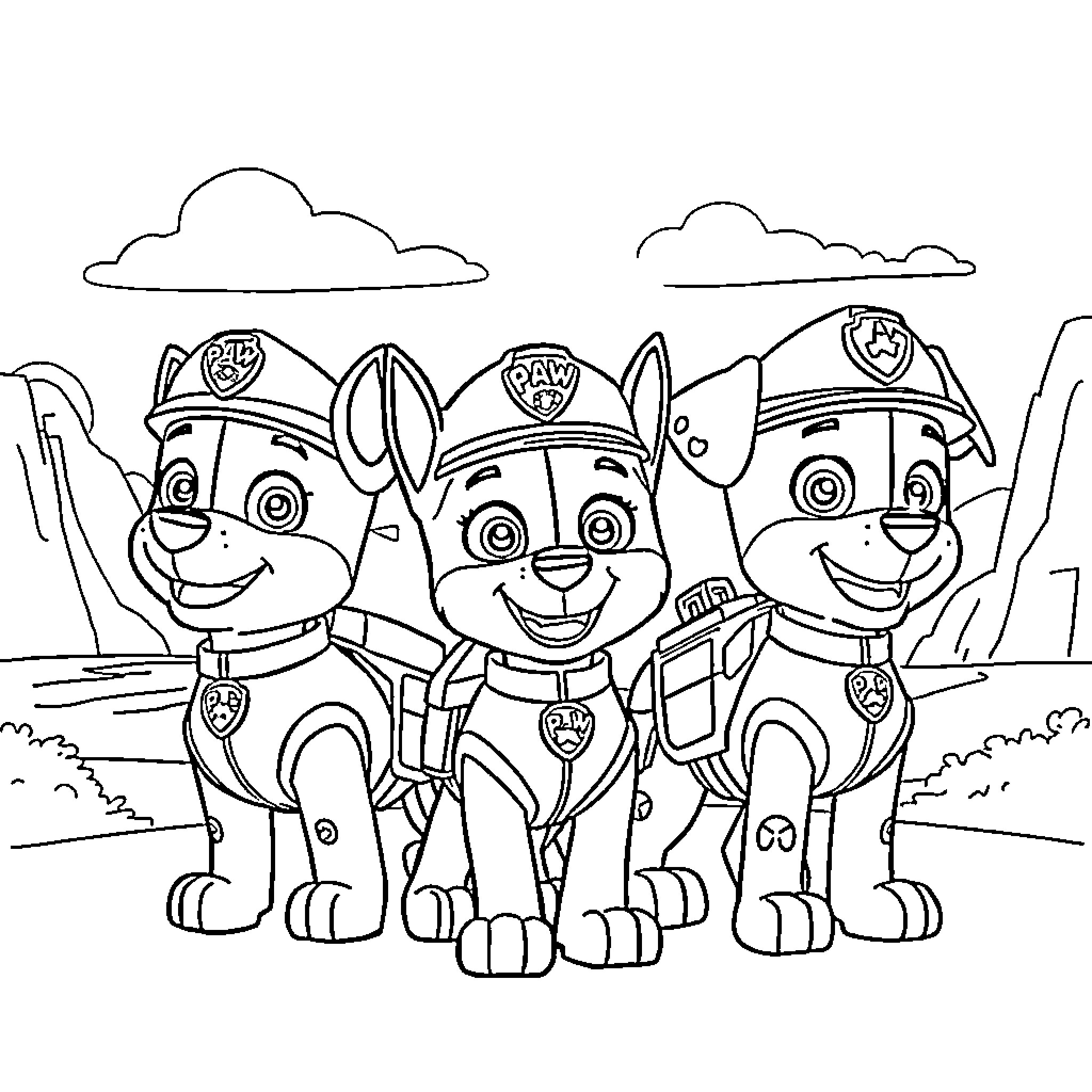 Paw Patrol characters in action poses Coloring Page (free black-and-white line drawing printable PDF for all, from beginners to advanced learners, including children, teens, adults, and seniors)