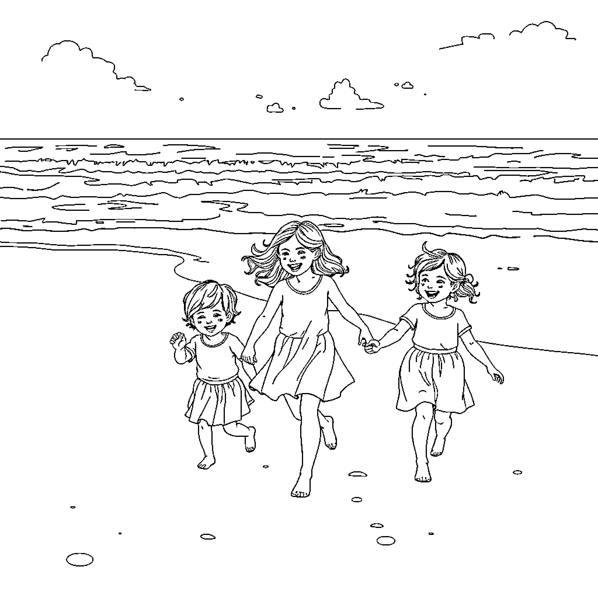 Mom and daughters playing happily on the beach Coloring Page (free black-and-white line drawing printable PDF for all, from beginners to advanced learners, including children, teens, adults, and seniors)