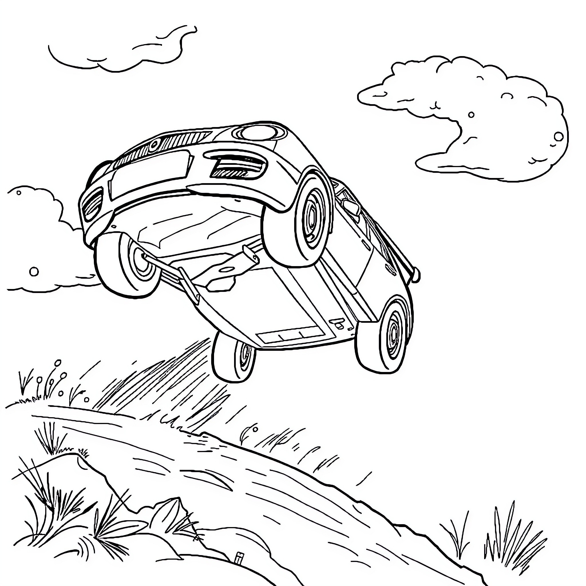 Car driving on rocky terrain with clouds Coloring Page (free black-and-white line drawing printable PDF for all, from beginners to advanced learners, including children, teens, adults, and seniors)