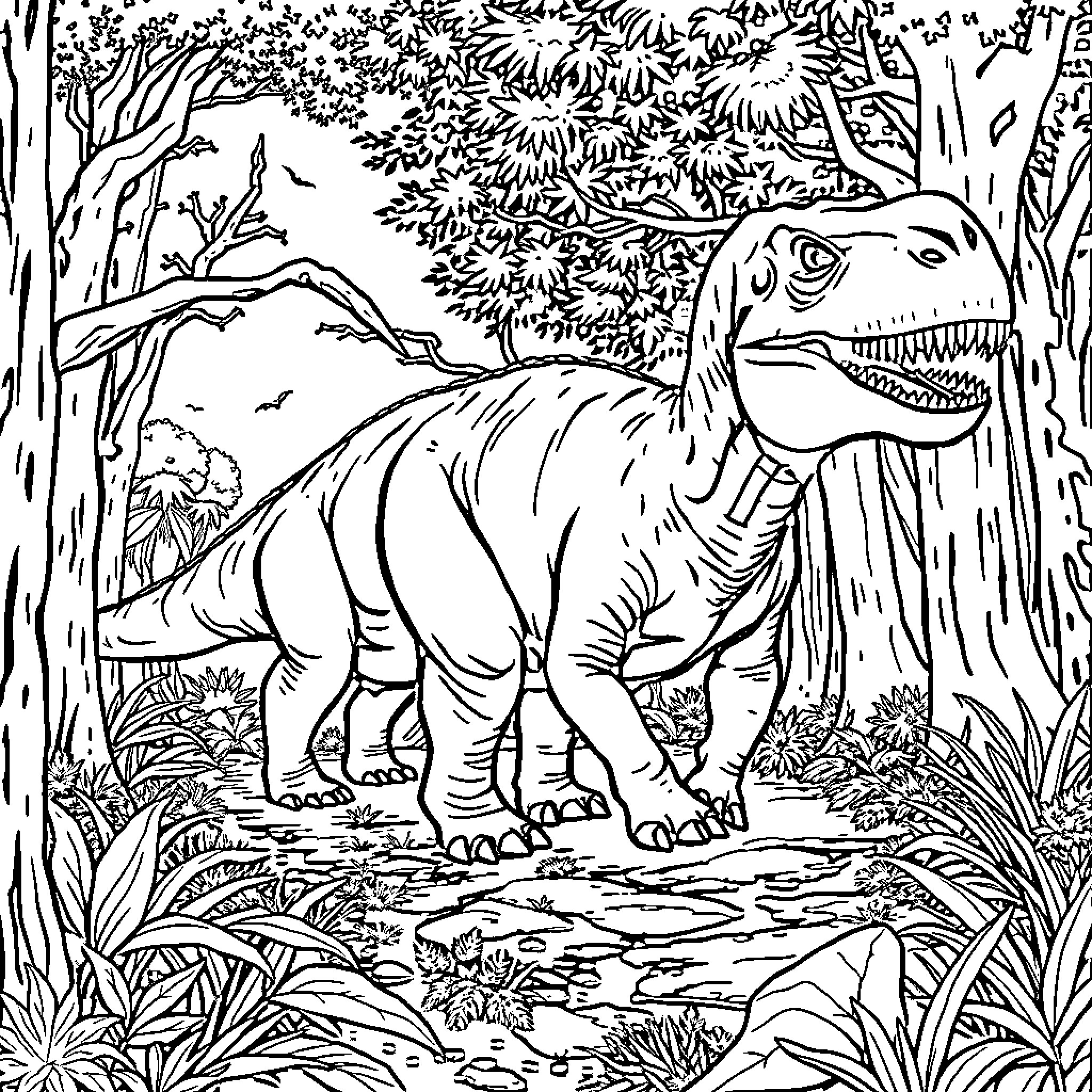 Dinosaur roaming through dense jungle Coloring Page (free black-and-white line drawing printable PDF for all, from beginners to advanced learners, including children, teens, adults, and seniors)