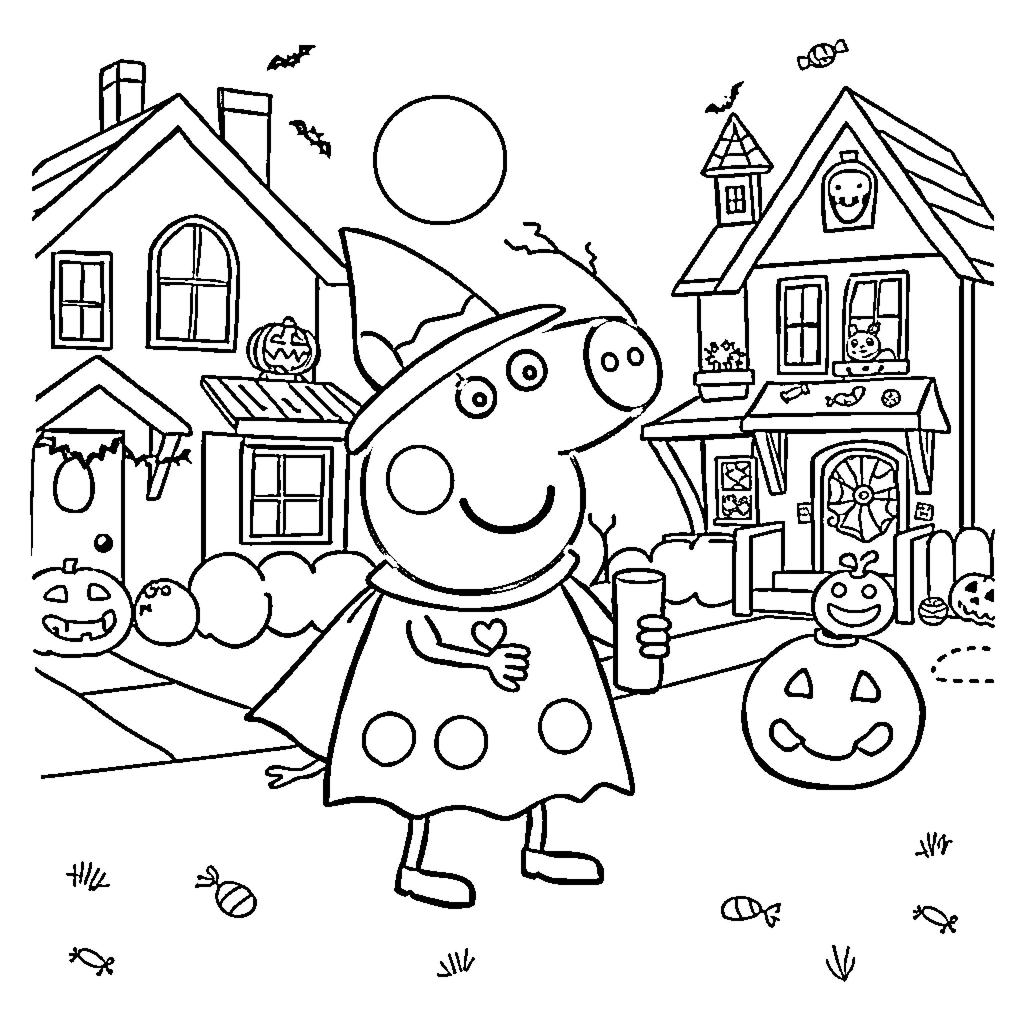 Peppa Pig celebrates Halloween with friends Coloring Page (free black-and-white line drawing printable PDF for all, from beginners to advanced learners, including children, teens, adults, and seniors)