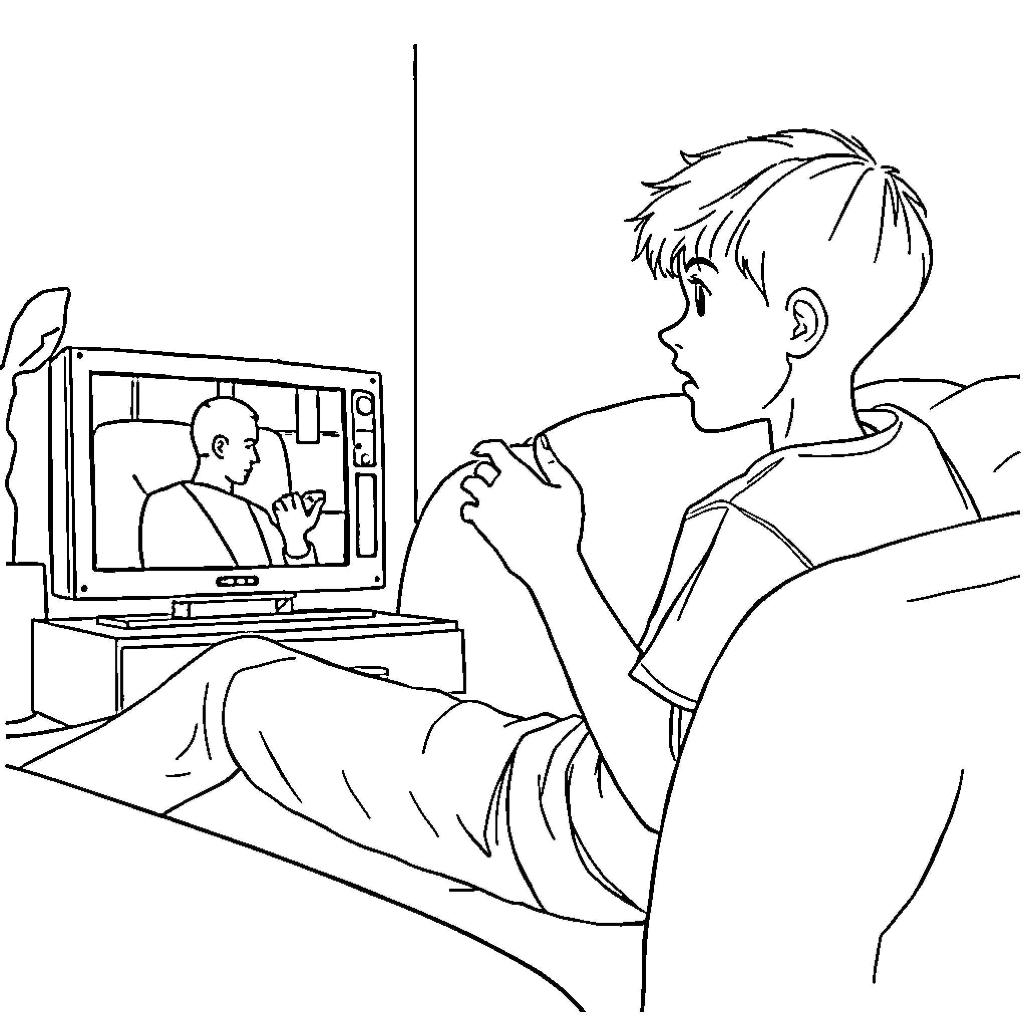 Boy watching TV in his bedroom Coloring Page (free black-and-white line drawing printable PDF for all, from beginners to advanced learners, including children, teens, adults, and seniors)