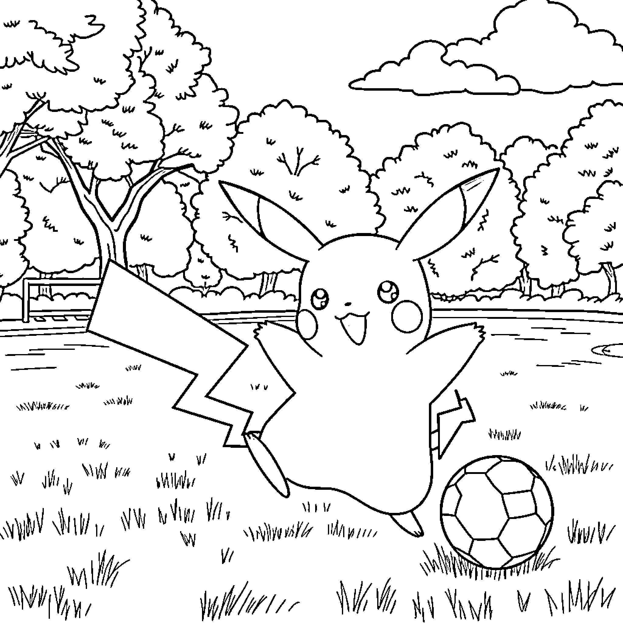 Pikachu playing with a soccer ball in the park Coloring Page (free black-and-white line drawing printable PDF for all, from beginners to advanced learners, including children, teens, adults, and seniors)
