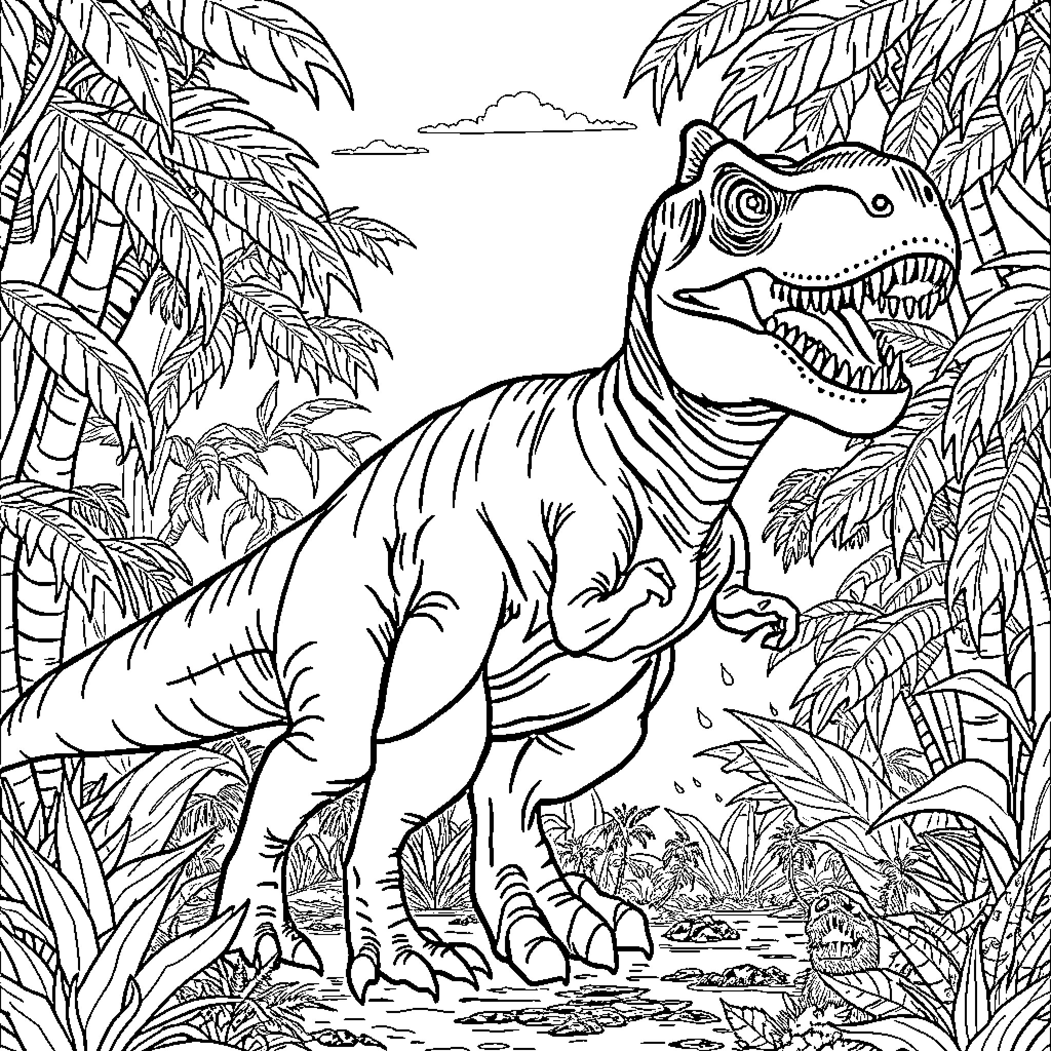 D-rex in the prehistoric jungle landscape Coloring Page (free black-and-white line drawing printable PDF for all, from beginners to advanced learners, including children, teens, adults, and seniors)