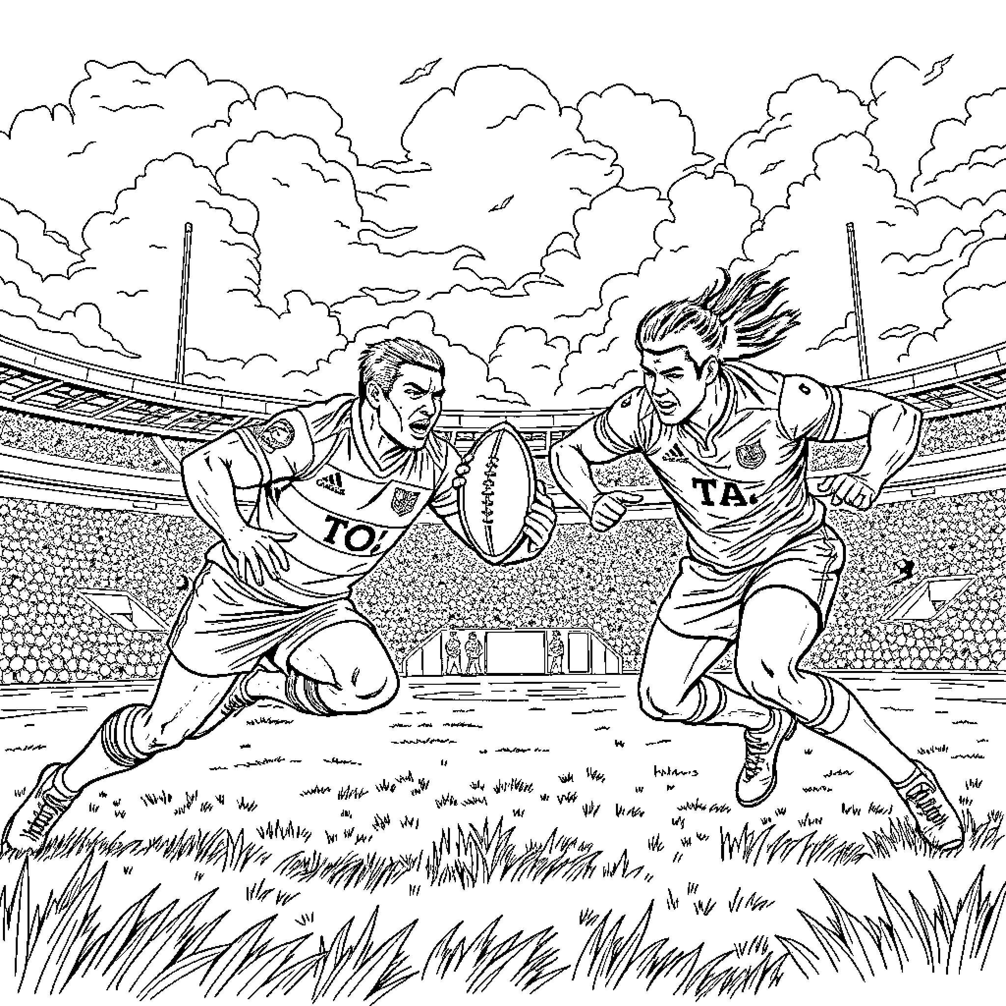 Tonga rugby players compete in intense match Coloring Page (free black-and-white line drawing printable PDF for all, from beginners to advanced learners, including children, teens, adults, and seniors)