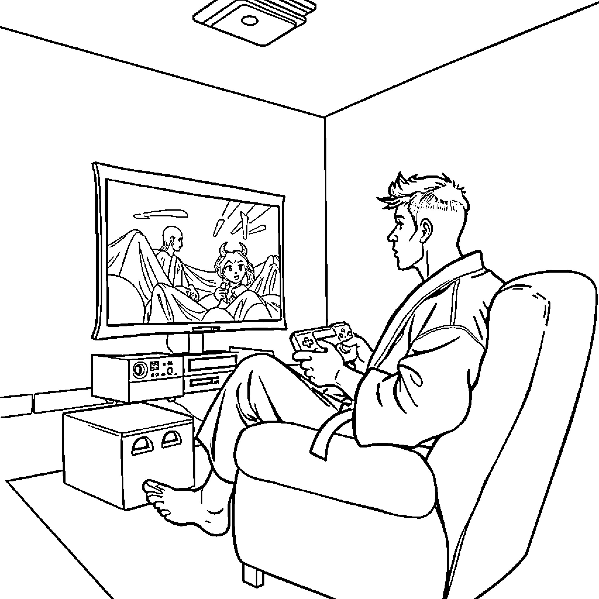 Judoka engaging in video game battle on television Coloring Page (free black-and-white line drawing printable PDF for all, from beginners to advanced learners, including children, teens, adults, and seniors)