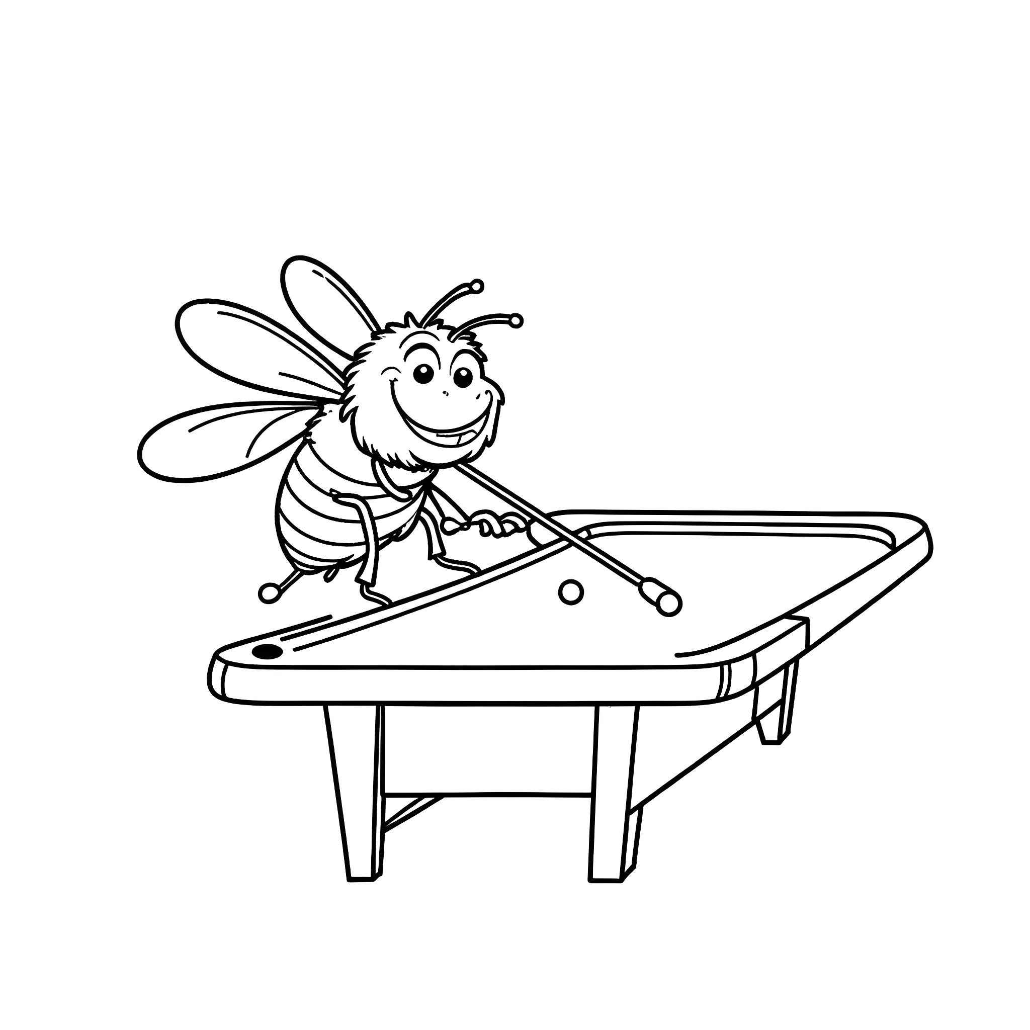 Bumblebee playing on a pool table Coloring Page (free black-and-white line drawing printable PDF for all, from beginners to advanced learners, including children, teens, adults, and seniors)