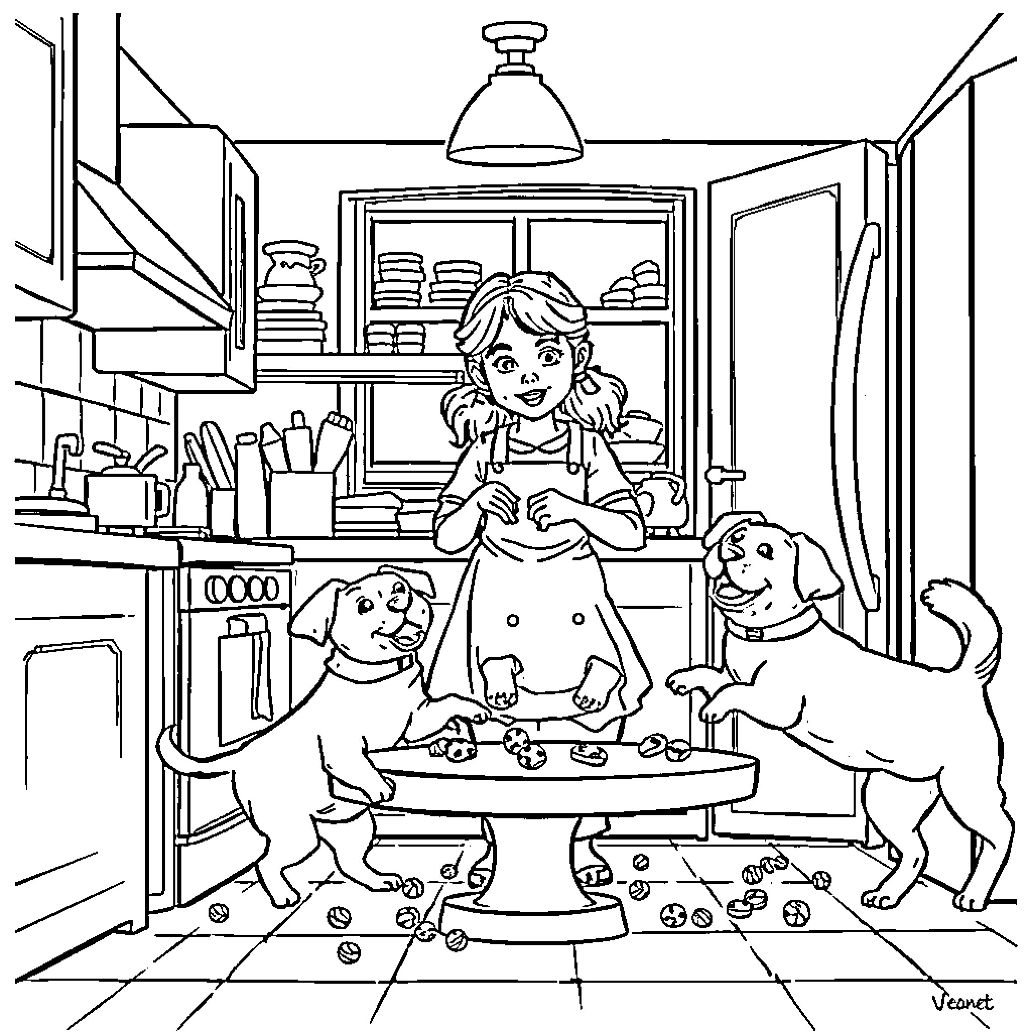 Lady baking treats with her loyal canine companions Coloring Page (free black-and-white line drawing printable PDF for all, from beginners to advanced learners, including children, teens, adults, and seniors)