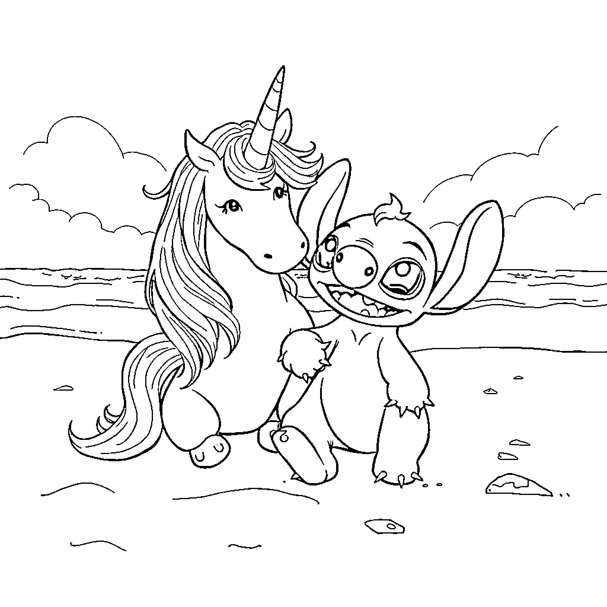 Unicorn and a cute character sitting together on a beach Coloring Page (free black-and-white line drawing printable PDF for all, from beginners to advanced learners, including children, teens, adults, and seniors)