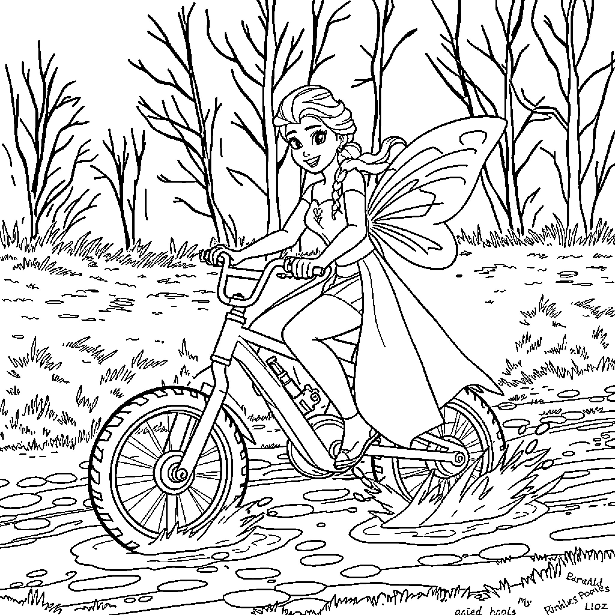 Elsa riding a bicycle through a forest Coloring Page (free black-and-white line drawing printable PDF for all, from beginners to advanced learners, including children, teens, adults, and seniors)