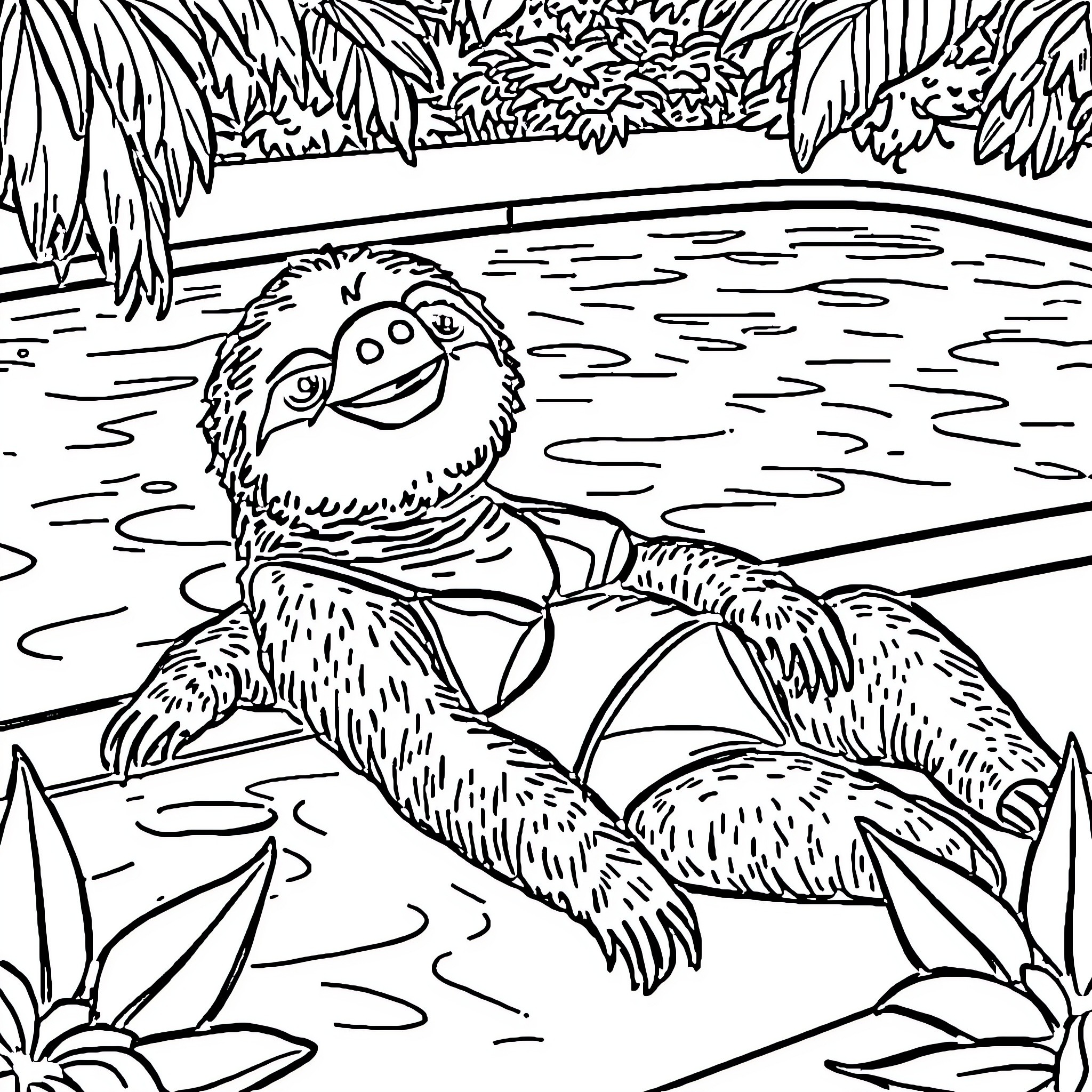 Sloth relaxing peacefully in tropical nature Coloring Page (free black-and-white line drawing printable PDF for all, from beginners to advanced learners, including children, teens, adults, and seniors)