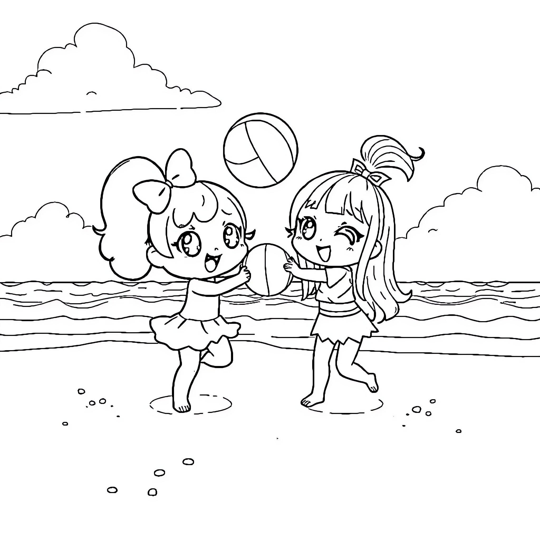 Cinamorrol Playful Beach Adventure Coloring Page (free black-and-white line drawing printable PDF for all, from beginners to advanced learners, including children, teens, adults, and seniors)