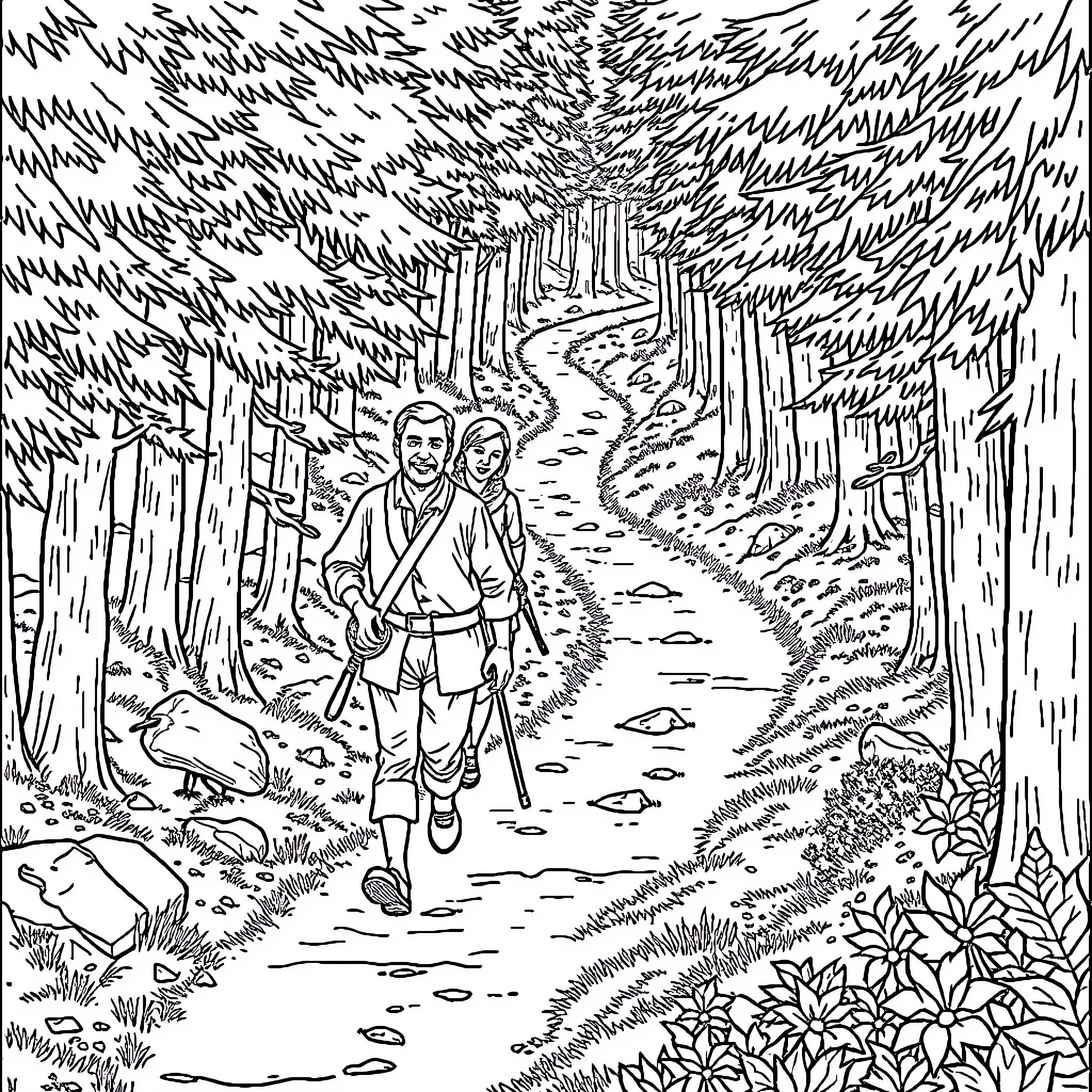 Lewis and Clark exploring the wilderness Coloring Page (free black-and-white line drawing printable PDF for all, from beginners to advanced learners, including children, teens, adults, and seniors)